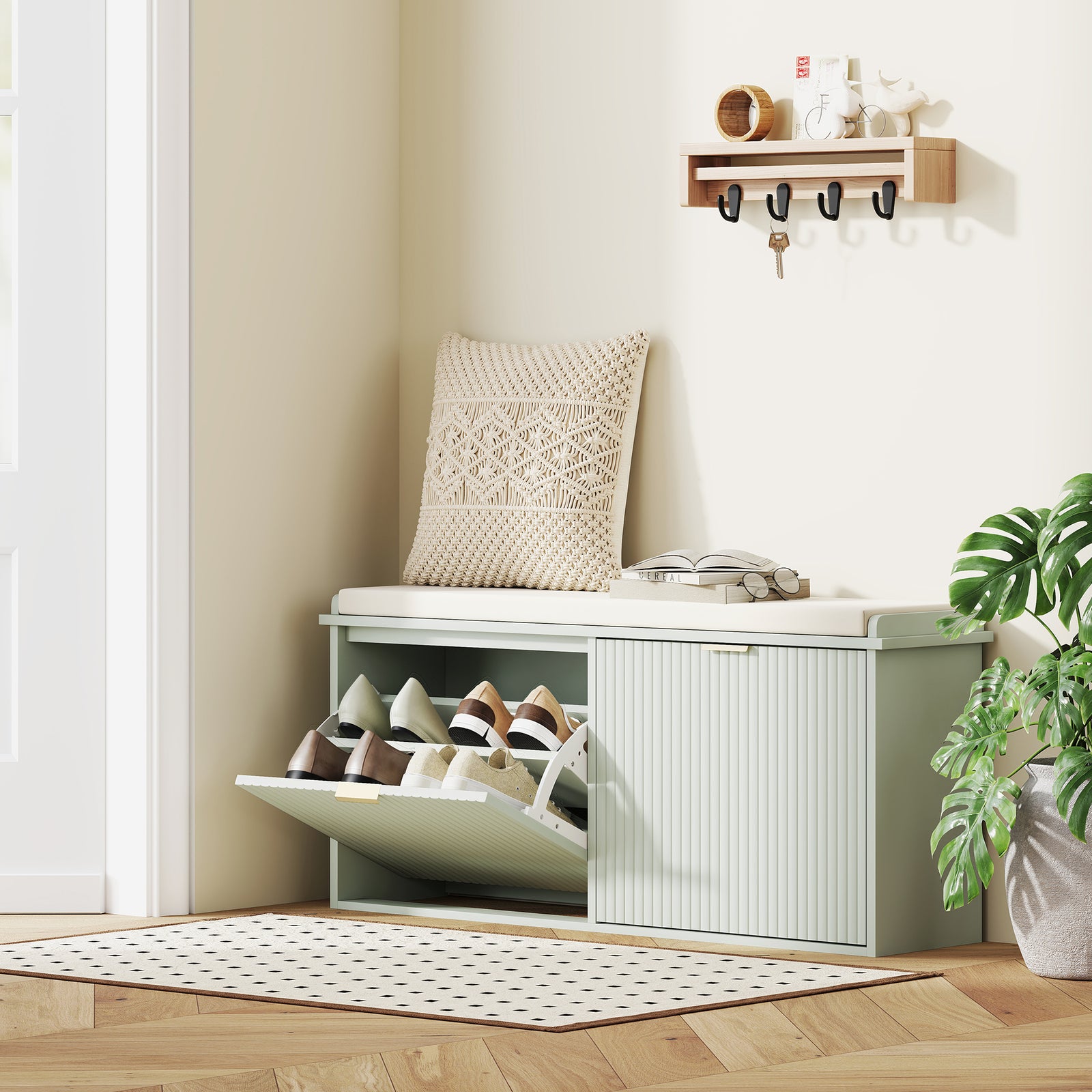 Shoe Storage Bench With Cushion And Flip-drawer | Large | Green