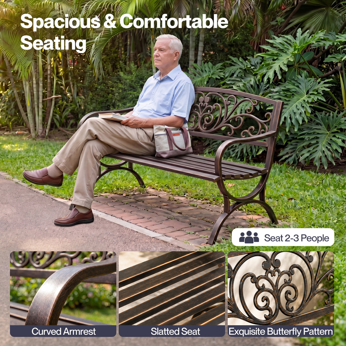 Garden Bench, Butterfly Cast Iron Outdoor Bench,300kg Metal, Bronze | Bronze