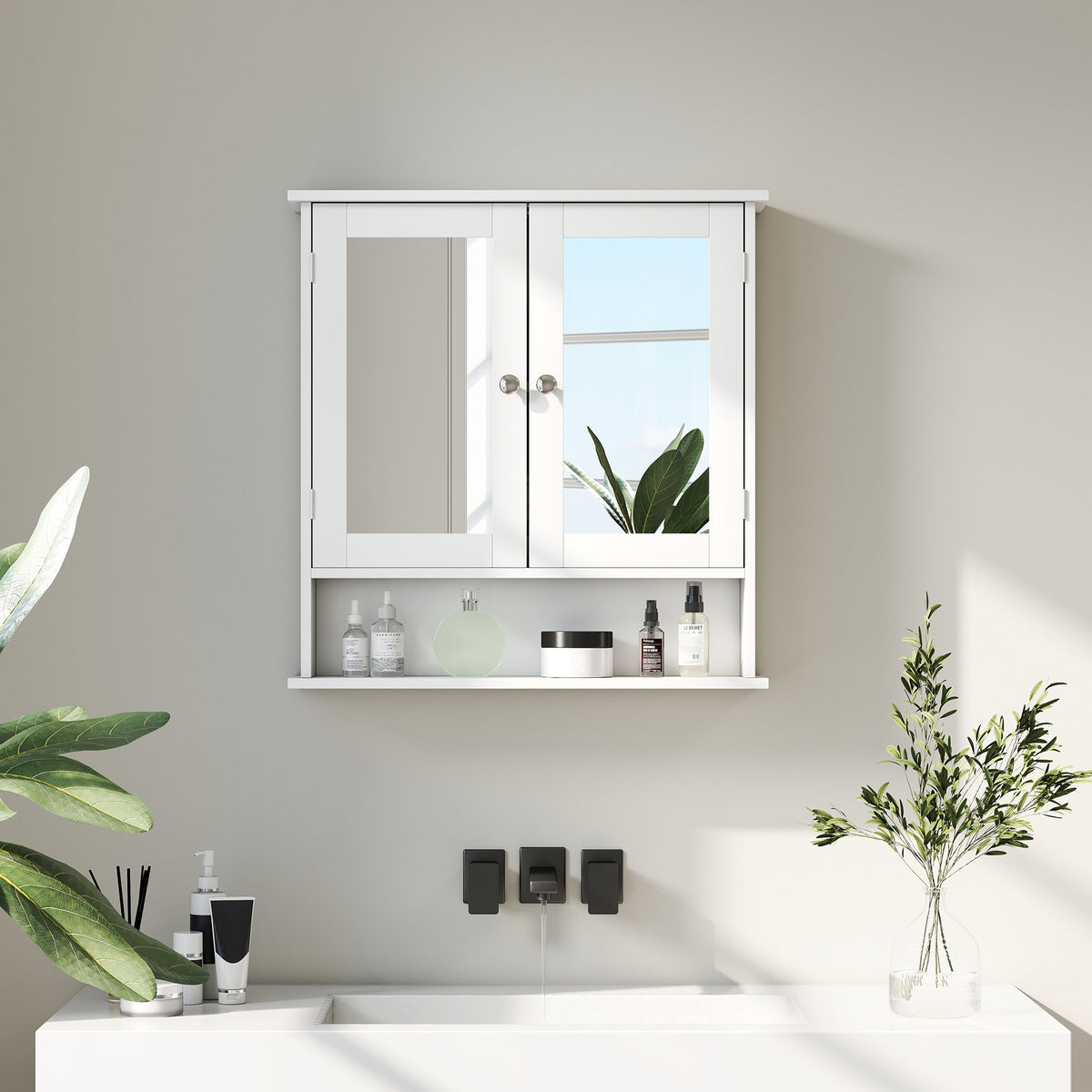 kleankin Wall Mounted Mirror Cabinet W/ Double Mirror Doors & Shelf