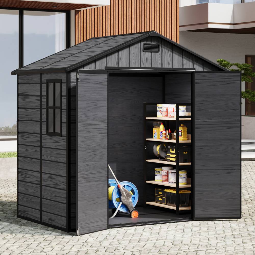 8x4ft Outdoor Apex Roof Storage Shed With Floor, Window,2 Vents & Double Lockable Doors,wood Grain Design