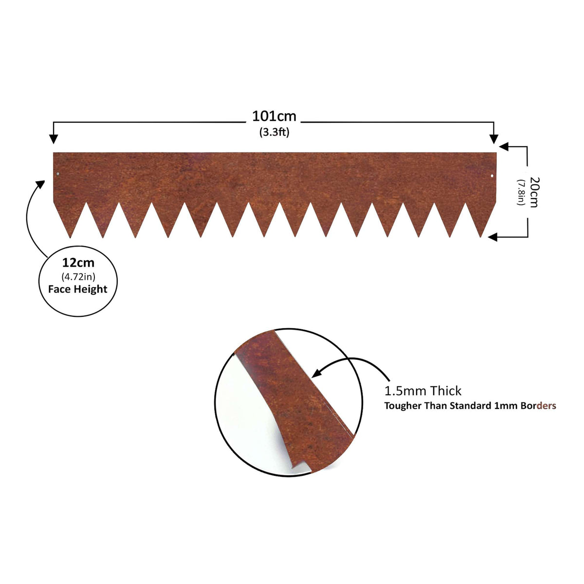 Metal Garden Border Edging 1m Saw Tooth Spikes | Set of 5 | Rust