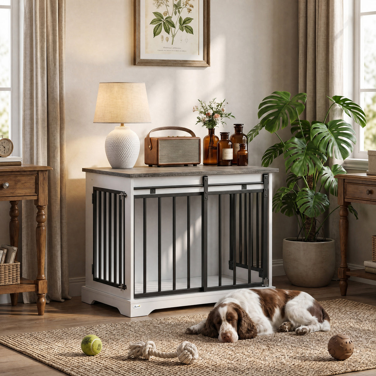 Dog Crate Furniture With Sliding Barn Door | 80cm | White