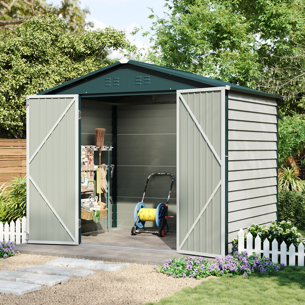 8x5.7ft Large Outdoor Metal Tool Shed With Apex Roof – Lockable Double Doors, Ventilated & Weather-resistant Garden Storage Shed | White