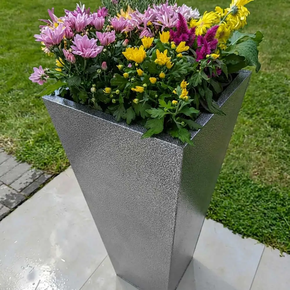 Zinc Galvanised Tall Flared Tapered Square Planter | 40cm x 40cm x 90cm | Silver Black