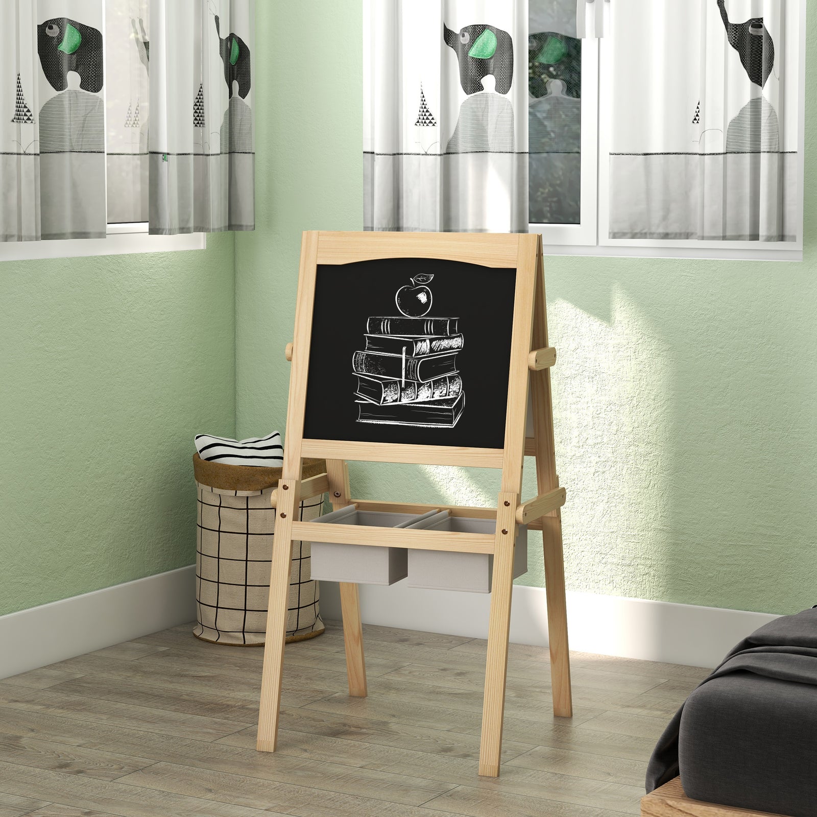 3 In 1 Kids Easel With Paper Roll, Storage Baskets - Natural