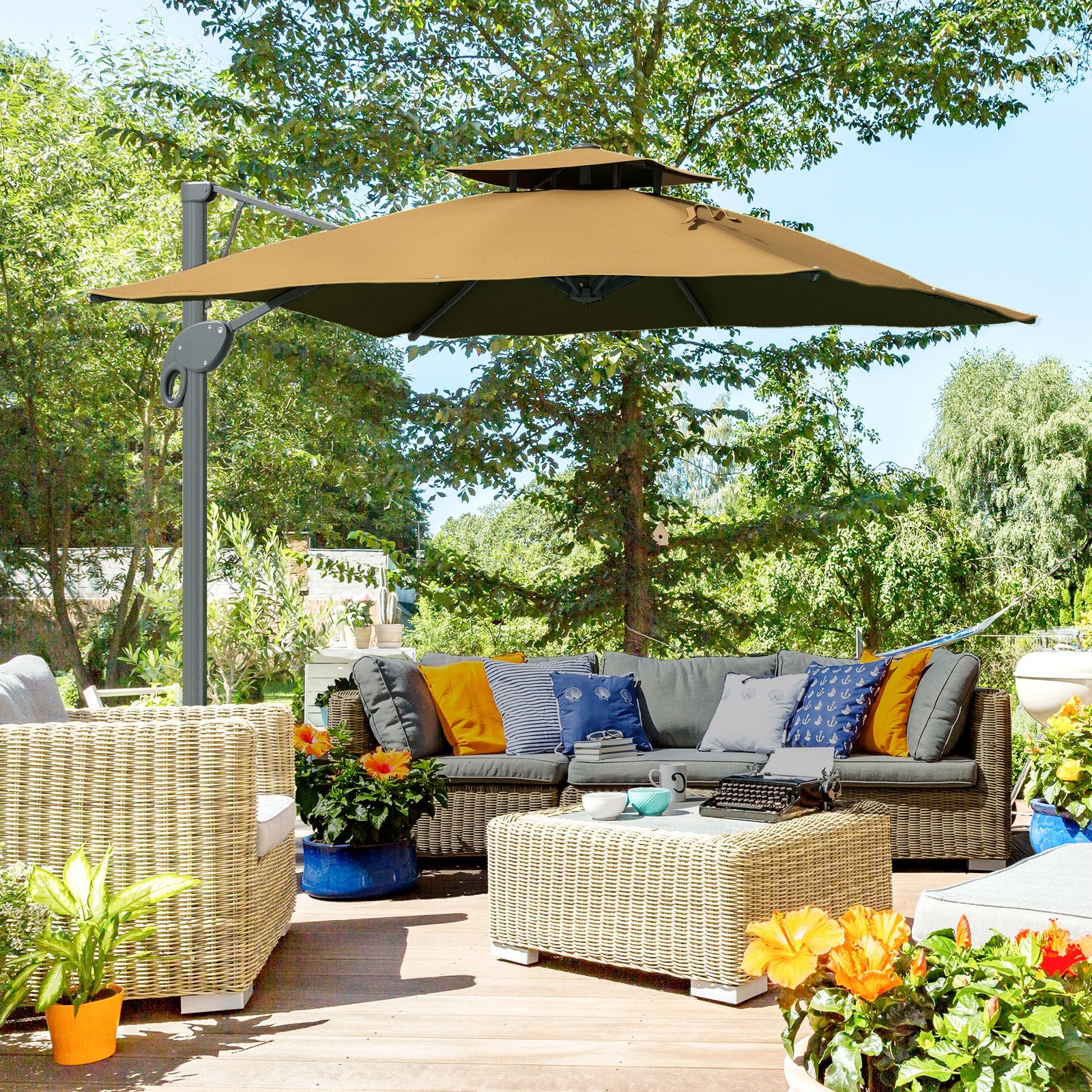 3m Cantilever Parasol W/ Hydraulic, Dual Top, Base | Khaki