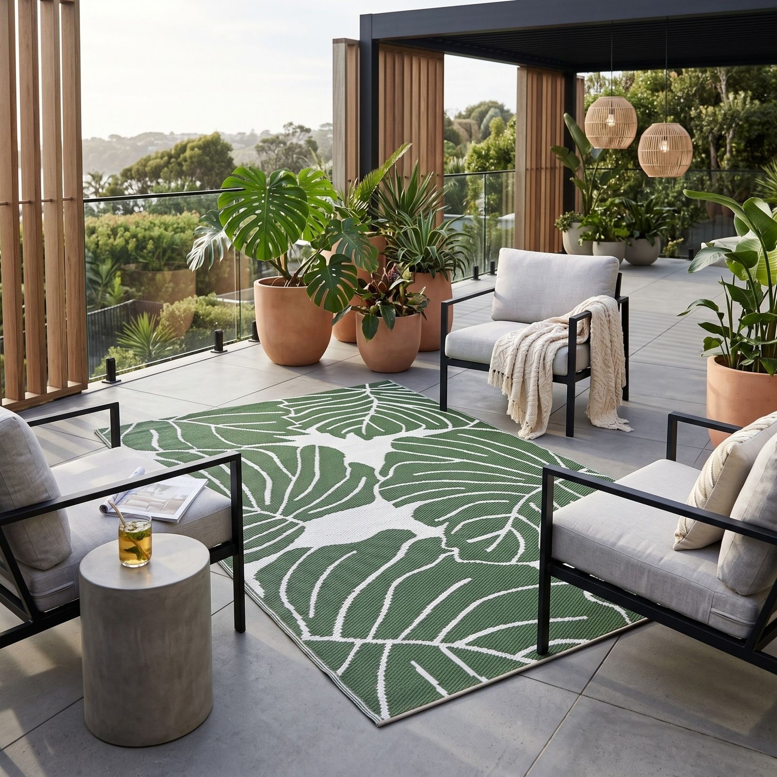 Luxury Outdoor Rug Waterproof Reversible For Garden Patio 100% Recycled, Green Ada Botanical | 180cm x 270cm | Green