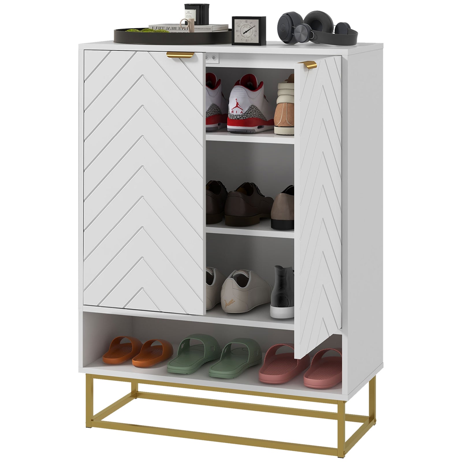 Shoe Cabinet With 2 Chevron Doors, Adjustable Shelf 12 Pairs