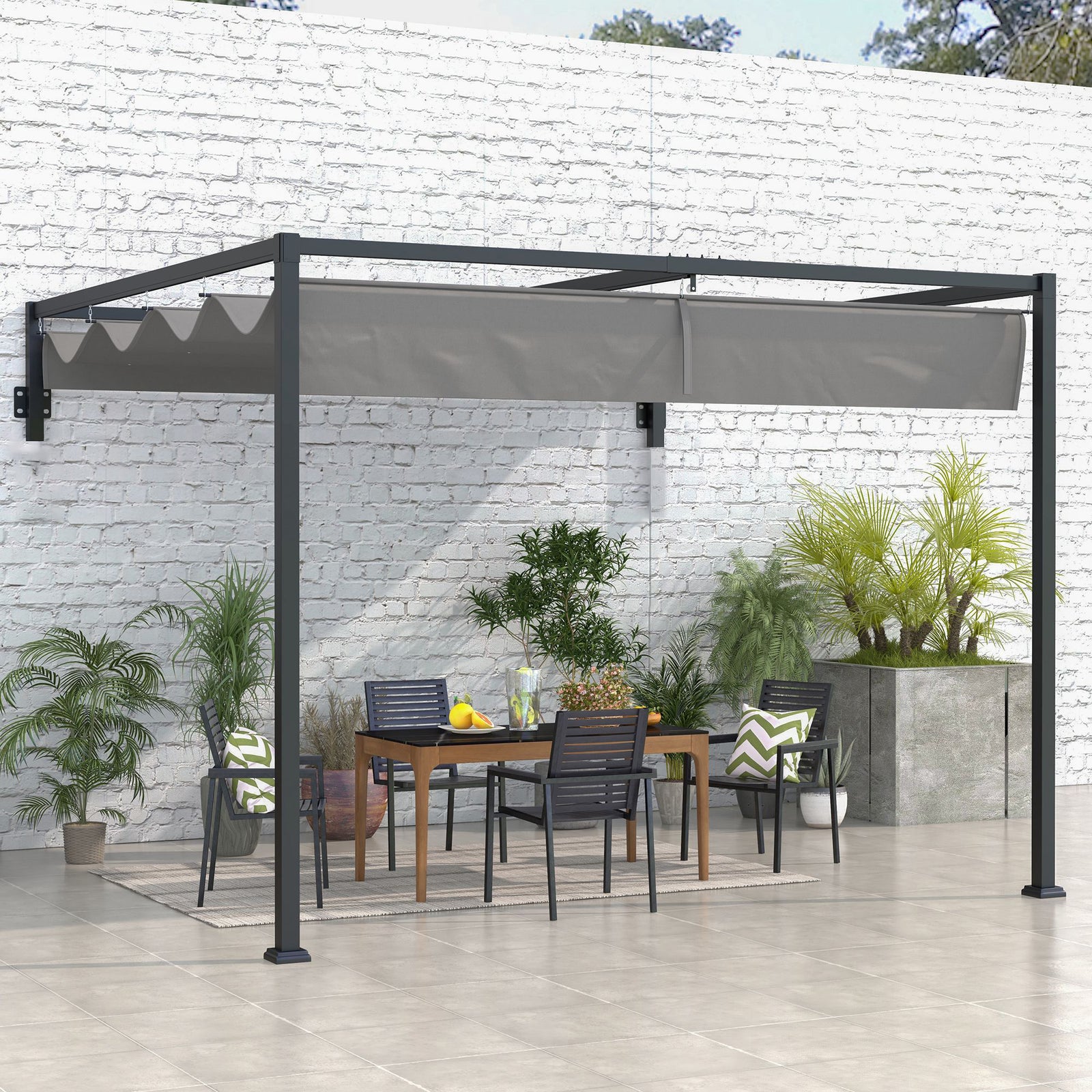 Wall Mounted Pergola With Retractable Sun Shade Canopy | Large | Dark Gray