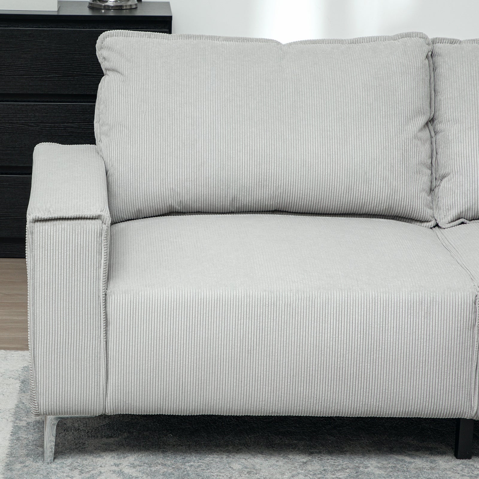 193cm Upholstered Corduroy Settee With Spring Cushion, Light Grey