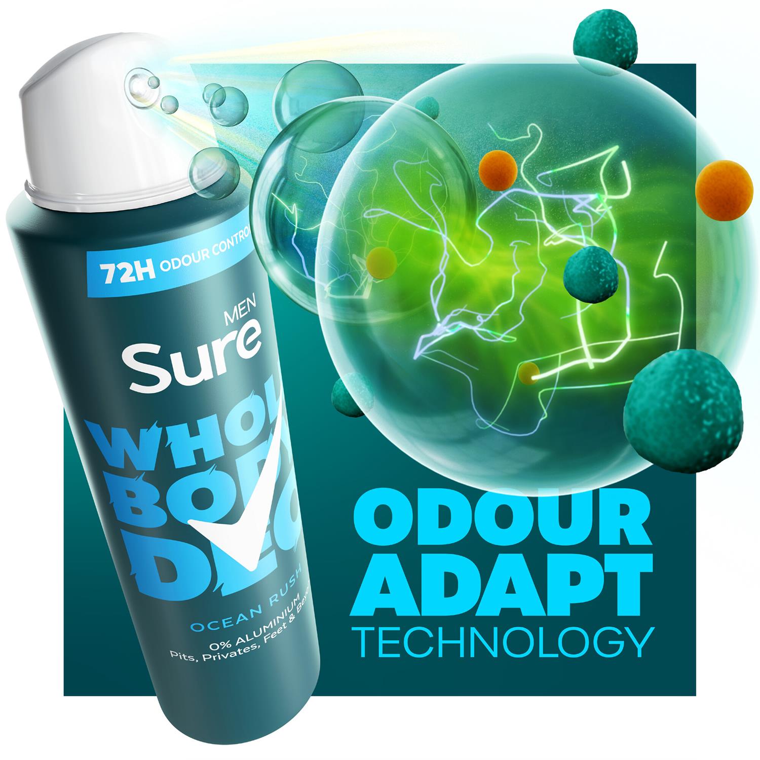 Men Whole Body Deodorant Spray Ocean Rush W/ 72h Odour Control 150ml, 3pk