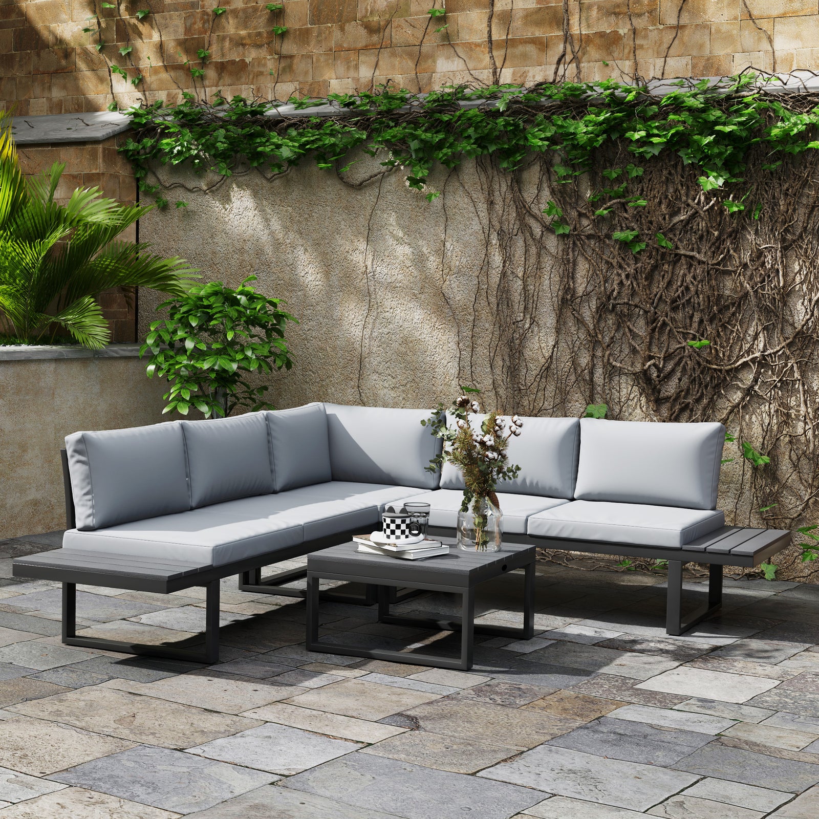 4 Pcs Garden Set W/ 5-level Recline Corner Conversation Set