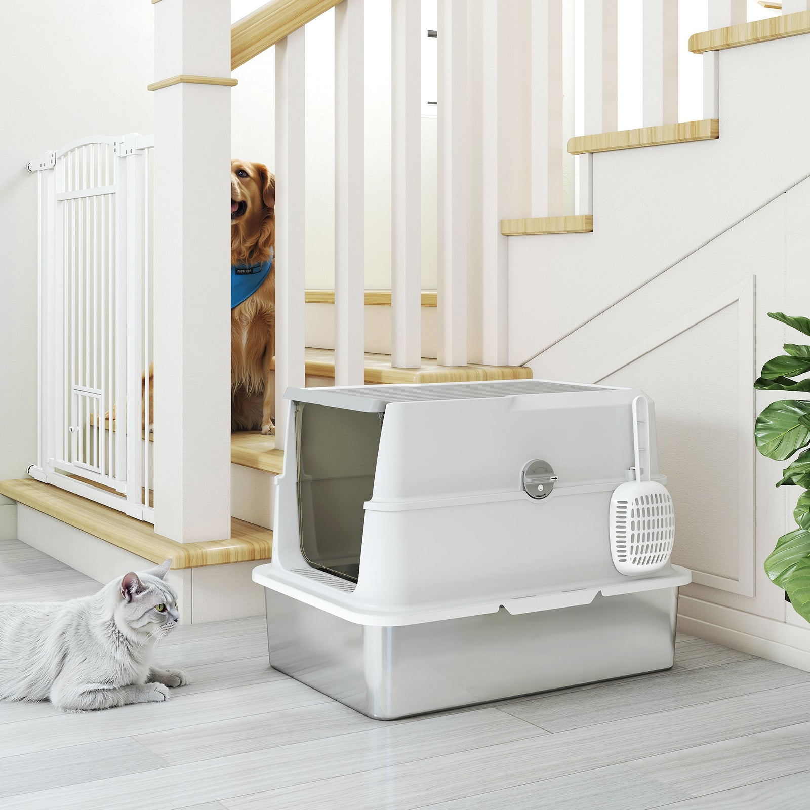 Extra Large Stainless Steel Cat Litter Tray With Scoop, Flip Top | Light Grey