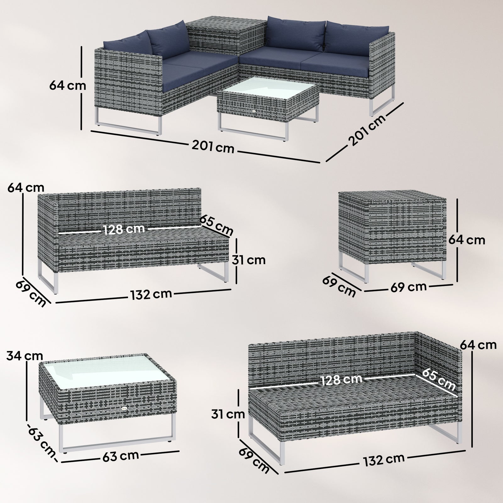 Rattan Garden Furniture Set With Storage Table, Cushions | Dark Blue