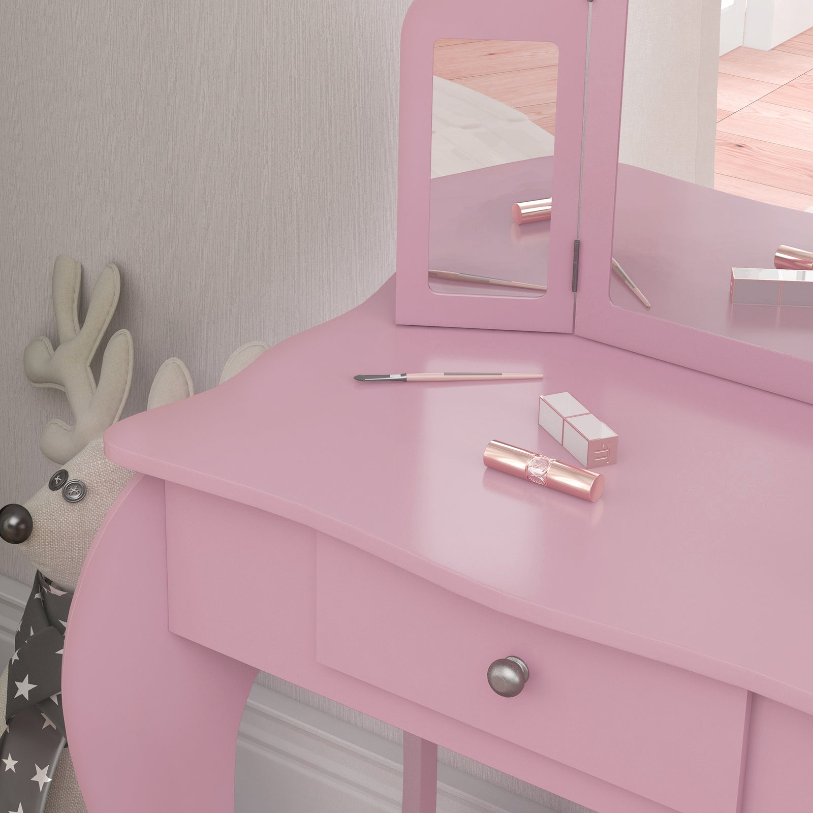 Makeup Dressing Table Set With Tri-folding Mirror And Drawer, Pink
