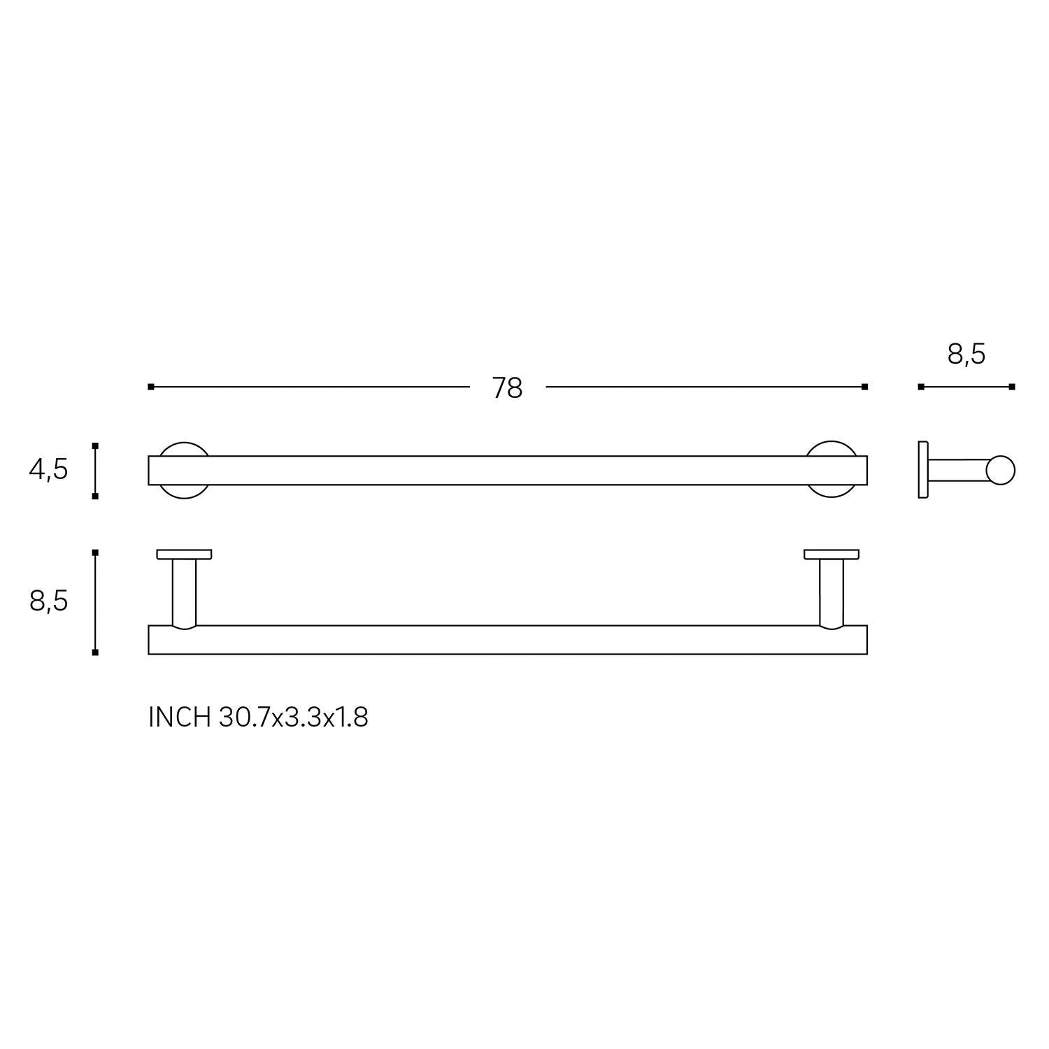 Towel Rail 78cm, Silver, Anti-corrosion, Architect S+ Collection