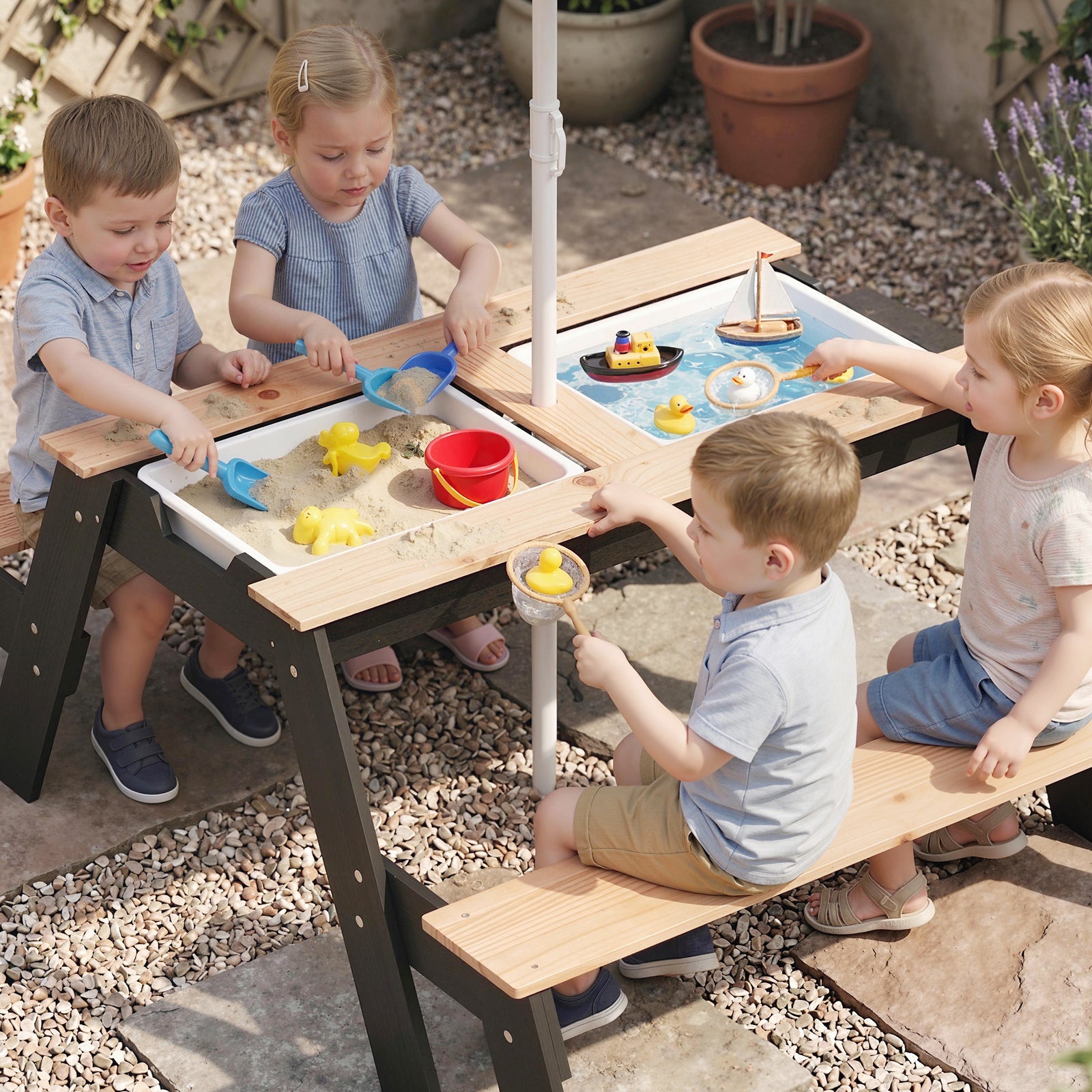 AIYAPLAY 3 In 1 Wooden Kids Picnic Table And Bench Set With Parasol, Natural