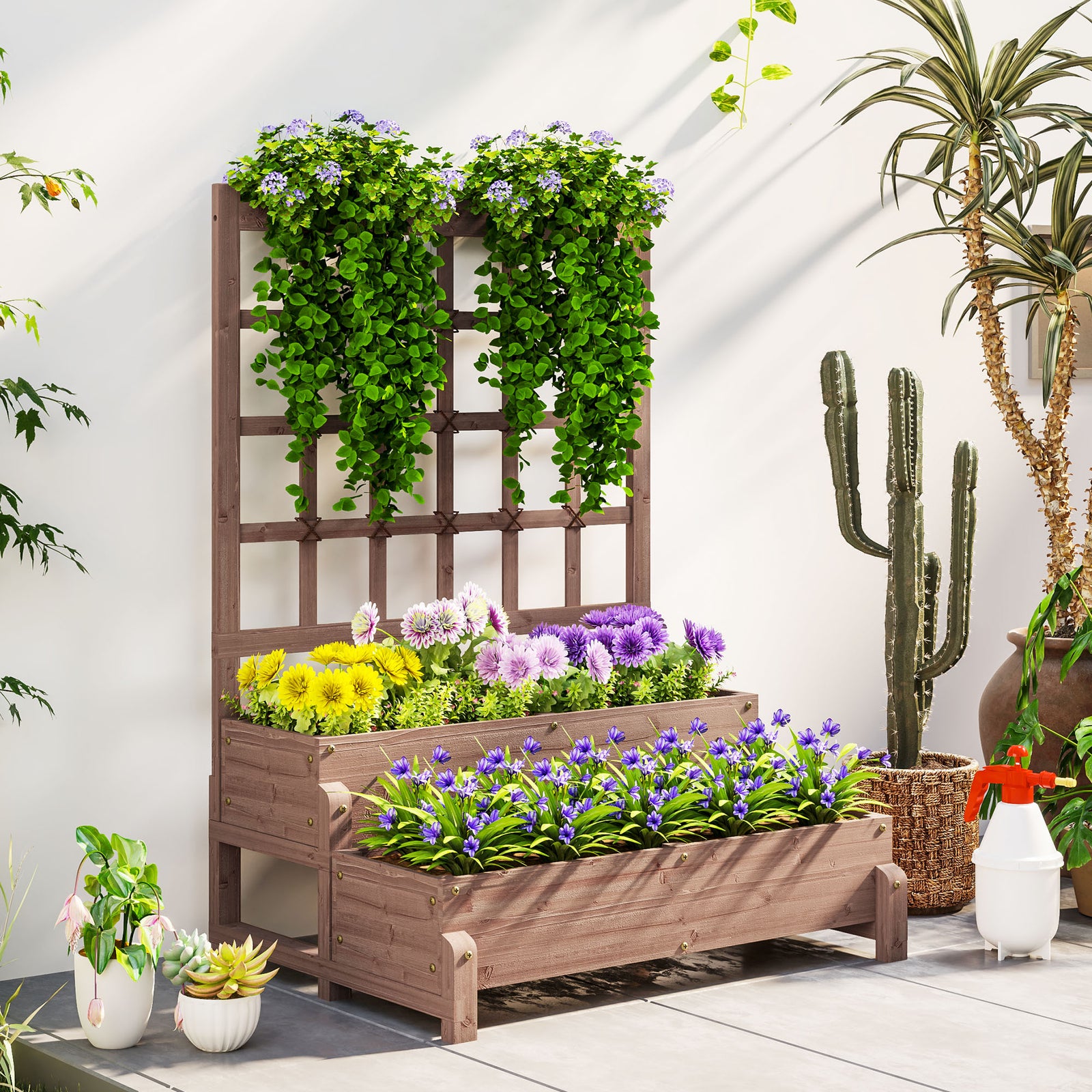 2-tier Raised Garden Bed With Trellis | Brown