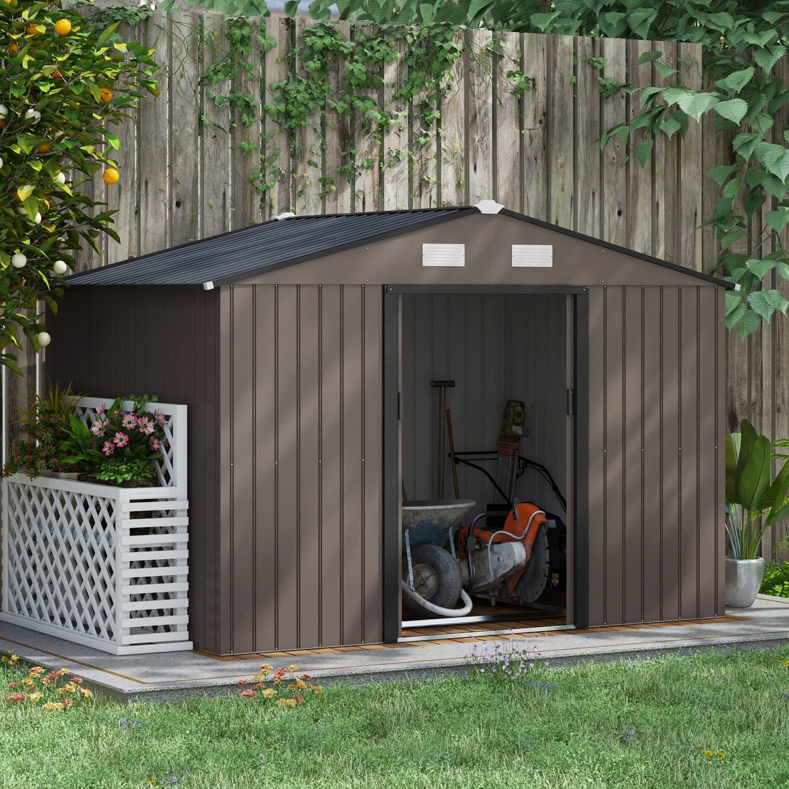 Garden Shed Storage Unit With Locking Door Floor Foundation | Medium | Brown