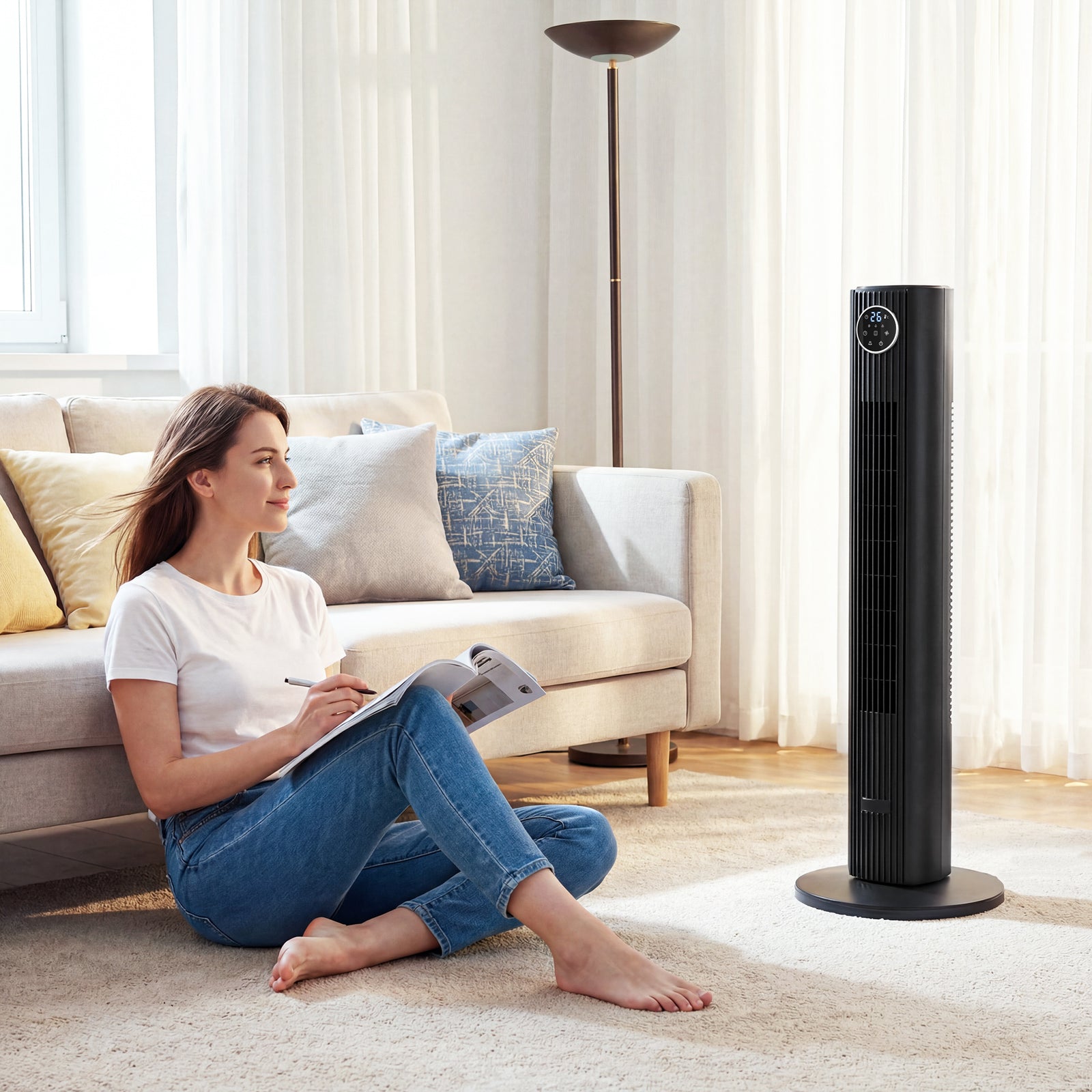 28db Tower Fan For Bedroom, 26 Ft/s Velocity Standing Fan | Black
