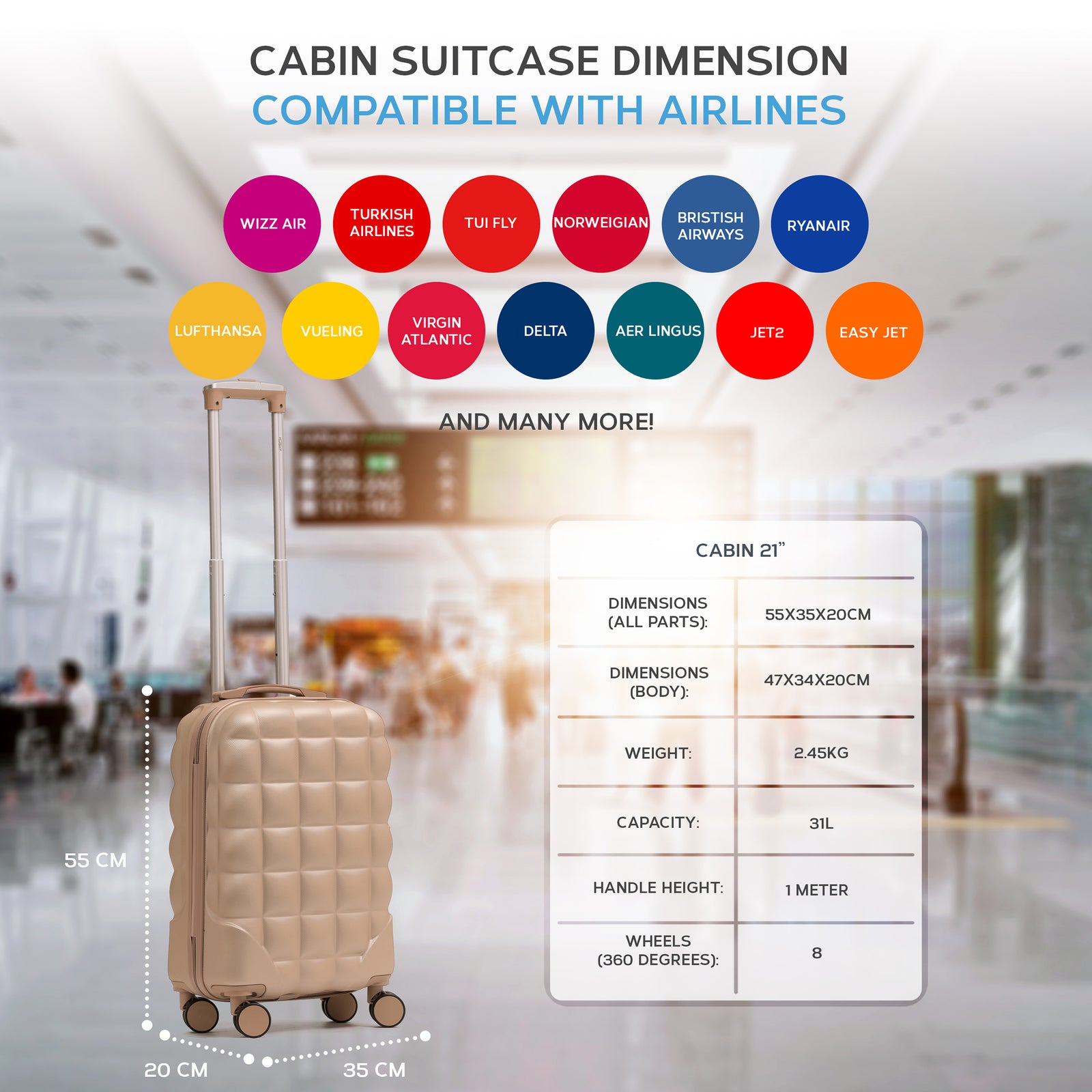 55x35x20cm Hard Case Bubble Carry On Suitcase - 100+ Airline Approved | Cabin | Champagne