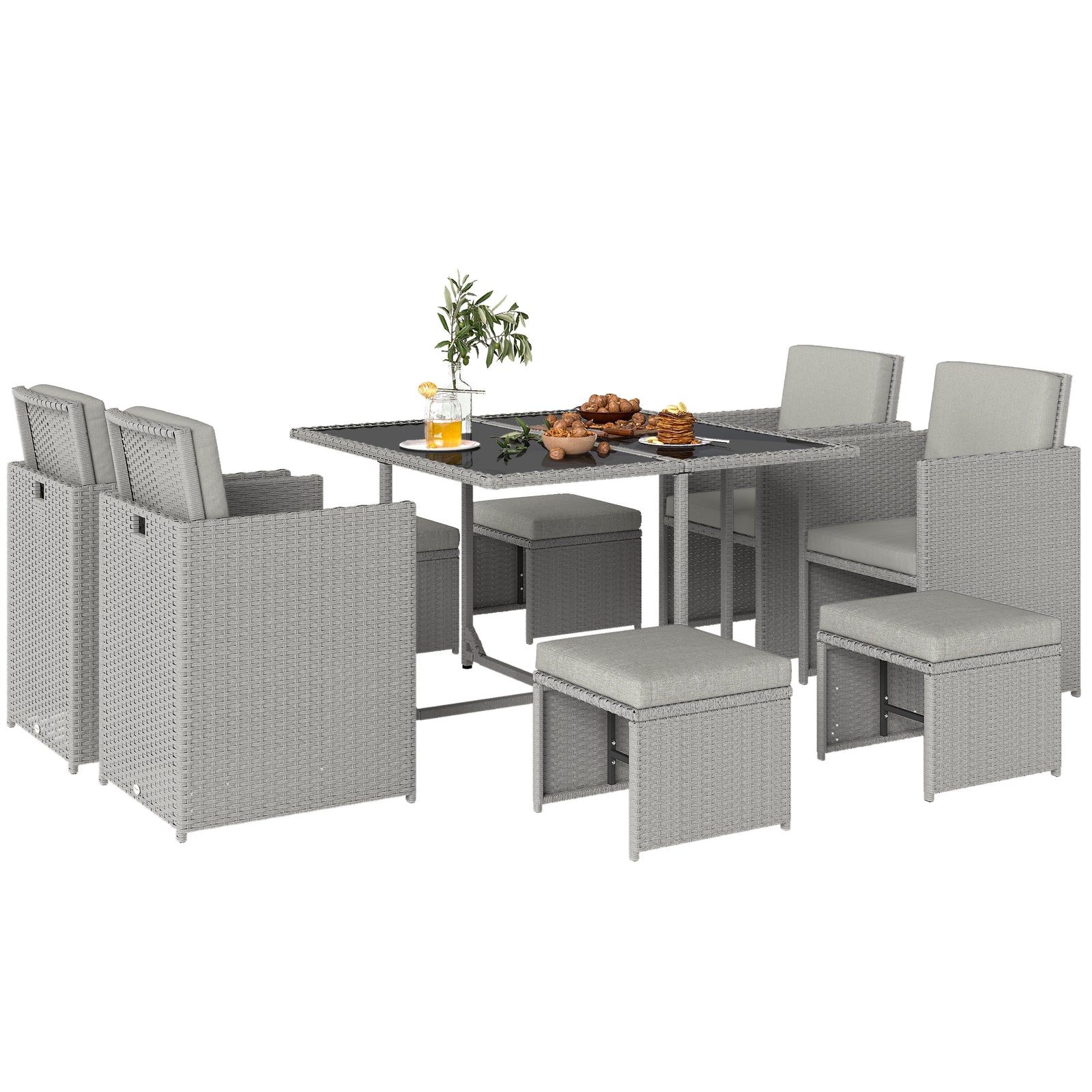 8 Seater Cube Rattan Garden Dining Set With Cushions | Light Grey