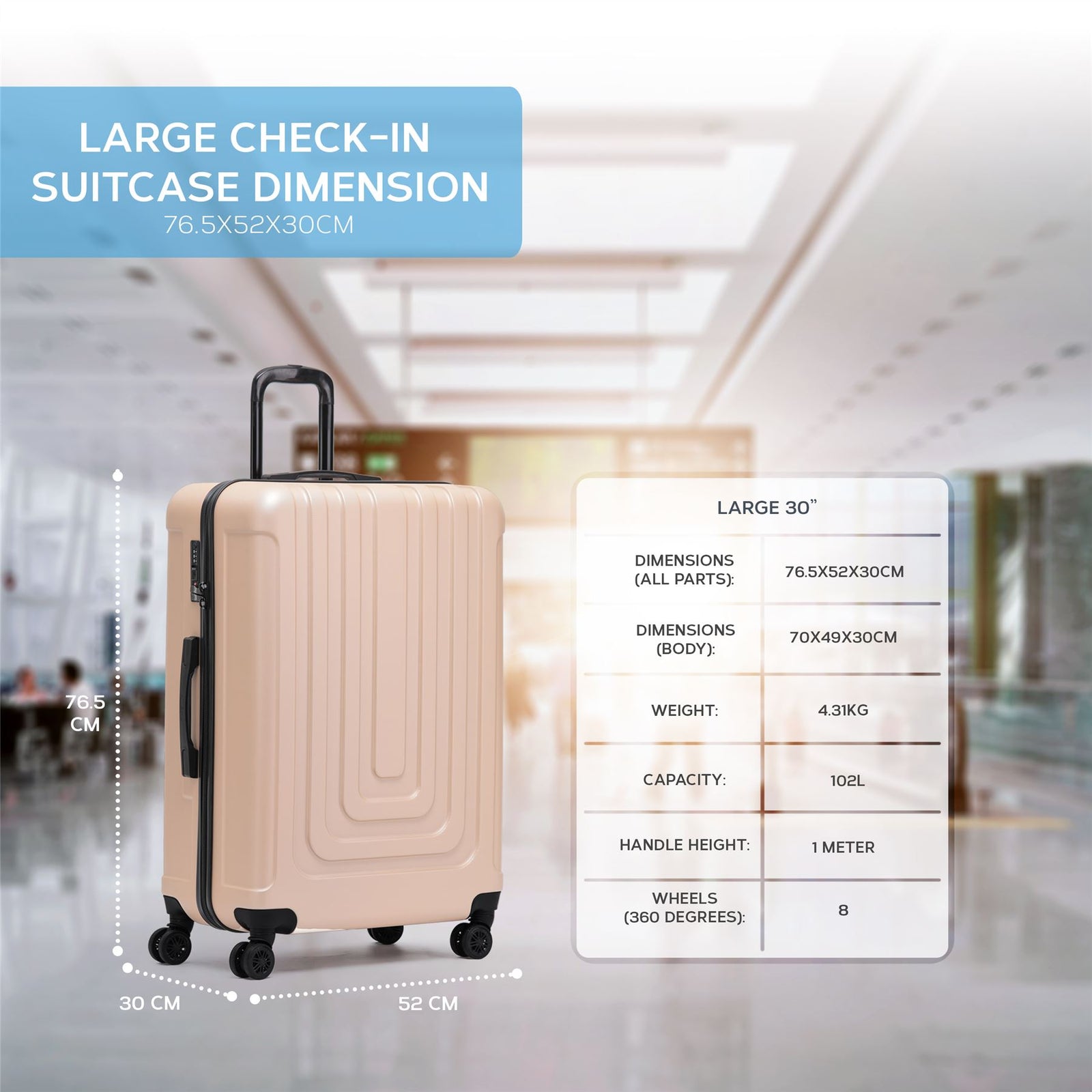 Large 30" Hard Shell Check In Suitcase 8 Spinner Wheels Hold Luggage | Large | Champagne
