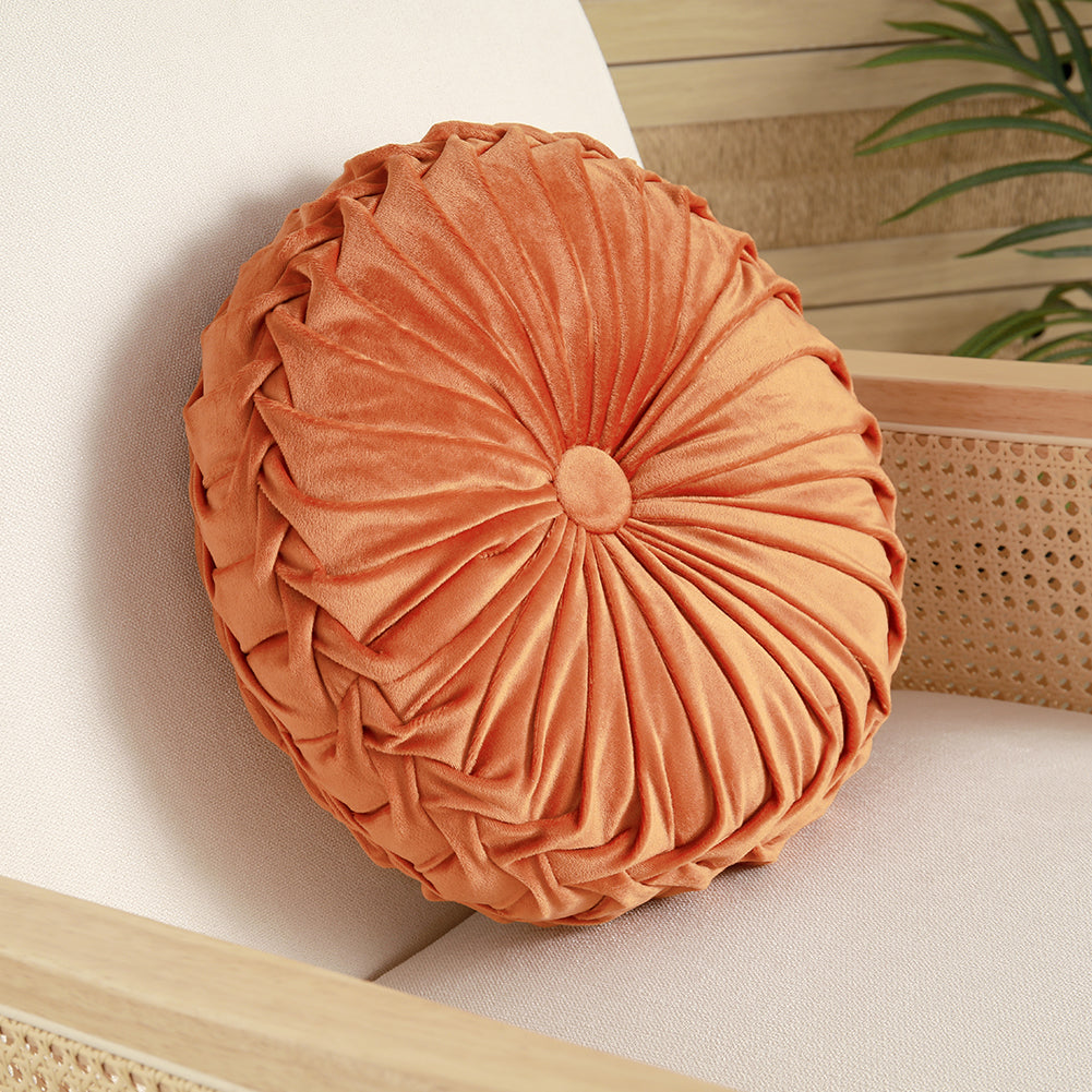 Round Pumpkin Velvet Cushion Soft Pleated Accent Pillow | Large | Orange