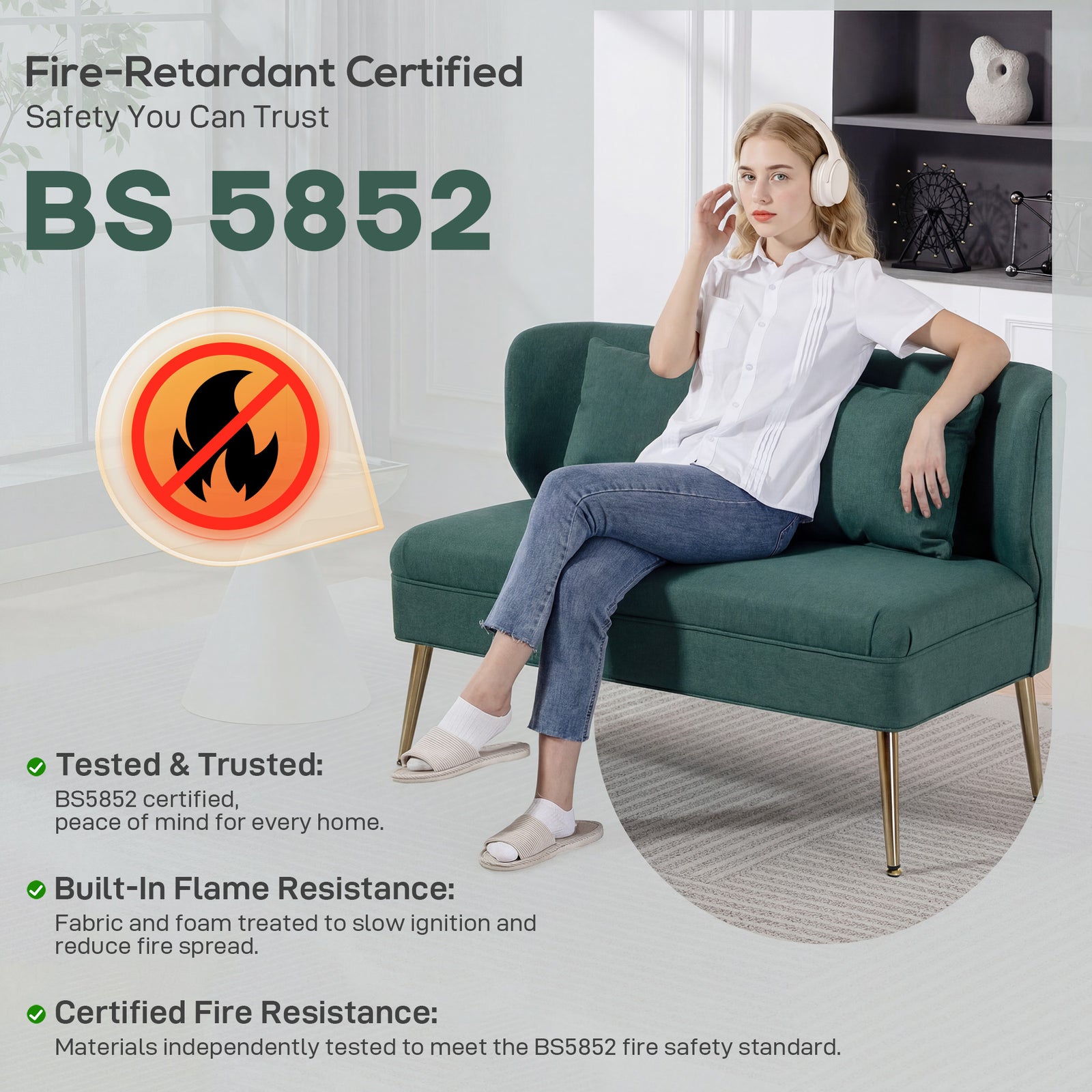 2 Seater Sofa, Small Sofa With Wing Back, Thick Seat | Green