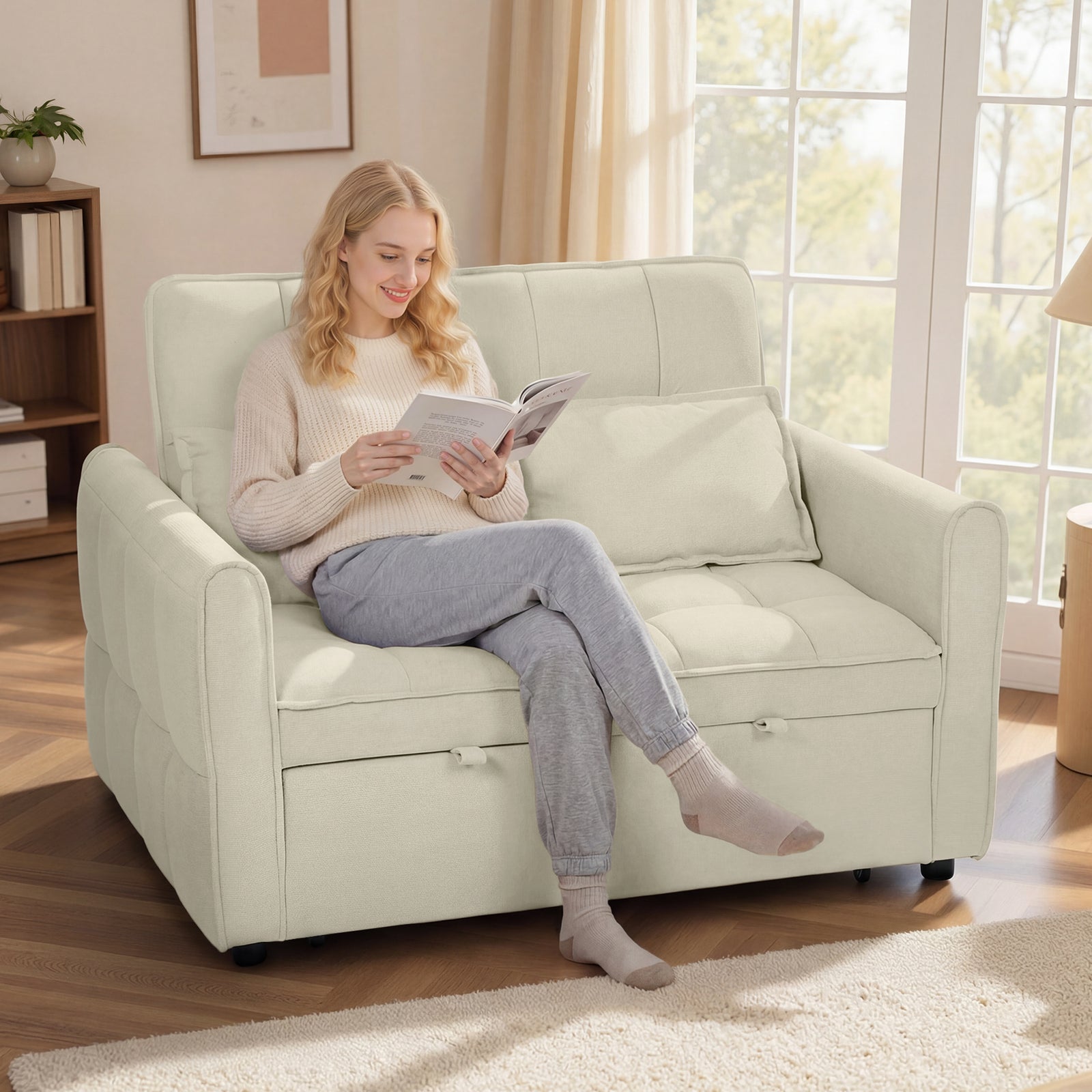 2 Seater Sofa Bed, 3-in-1 Sleeper Sofa With Adjustable Backrest | Tan