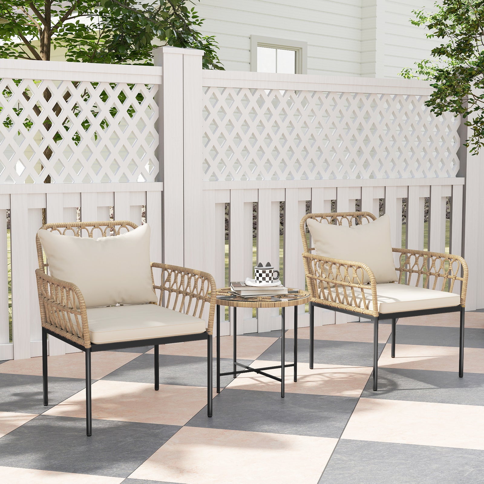 3 Piece Rattan Bistro Set, Glass Top Table And Chairs | Beige