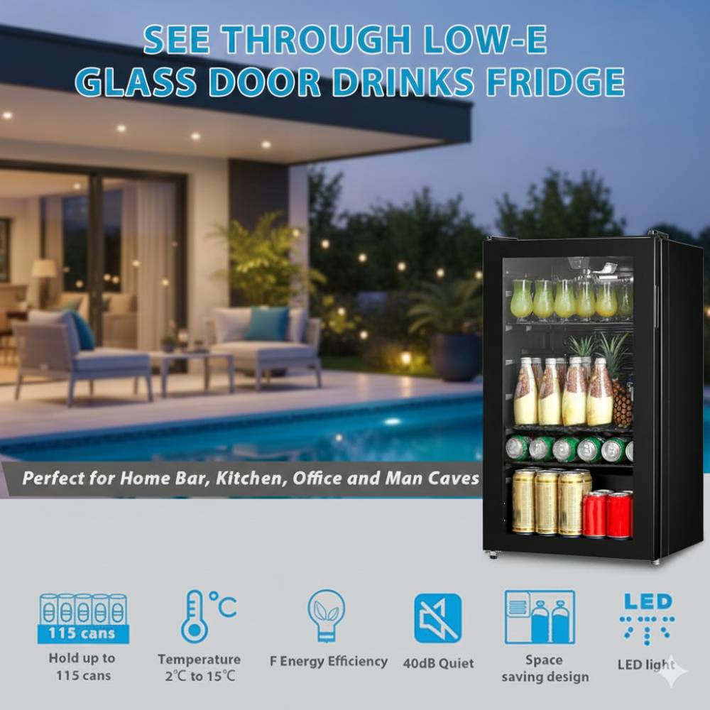 93L Compact Beverage Fridge with LED Display, Reversible Glass Door & Adjustable Shelves