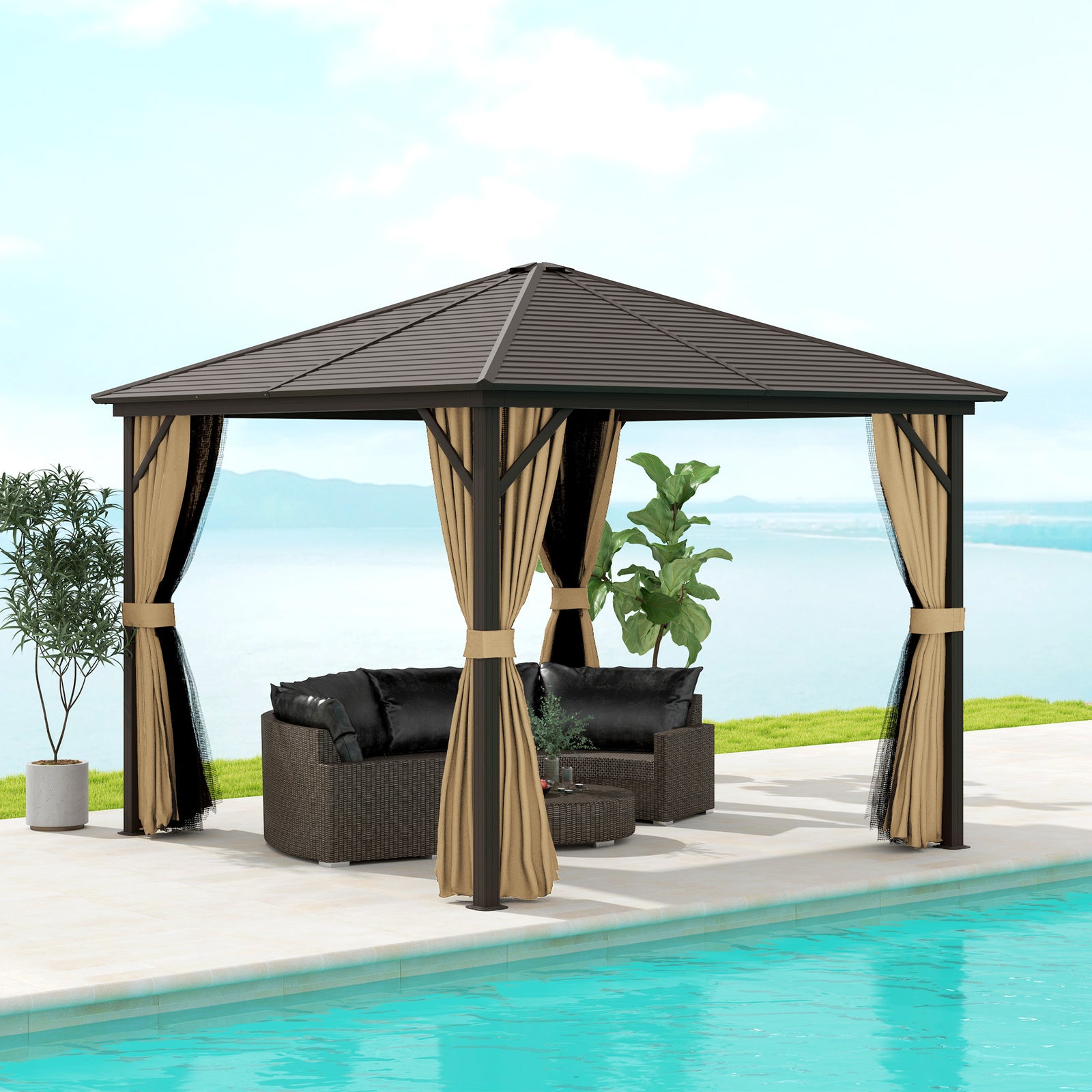 3x3m Hardtop Gazebo With Netting And Curtains