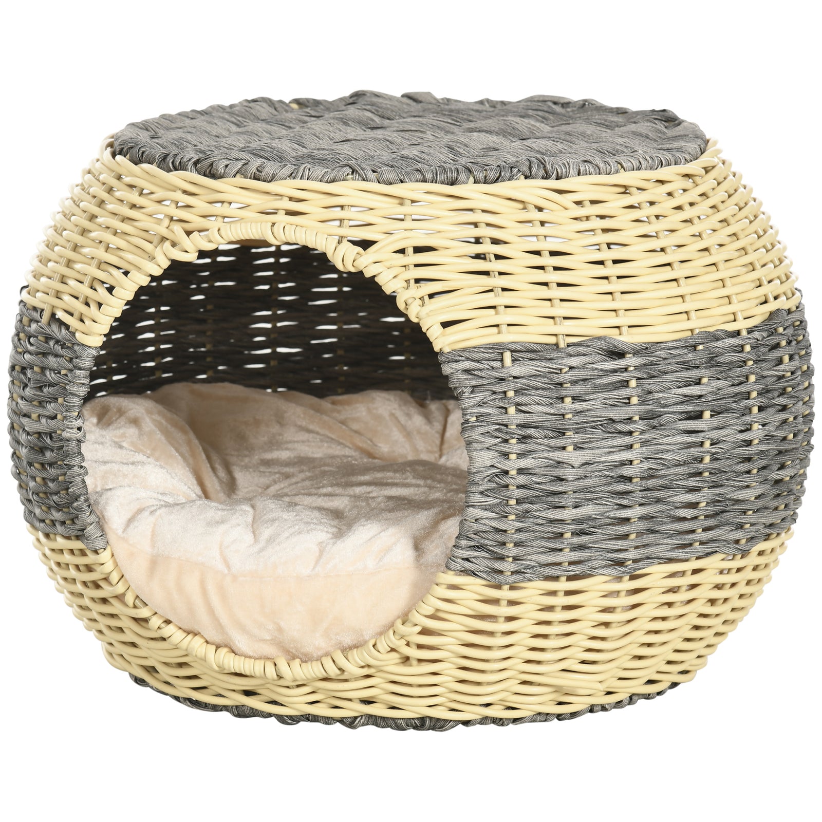 Wicker Cat House, Rattan Raised Cat Bed W/ Soft Cushion, Φ40 X 30cm