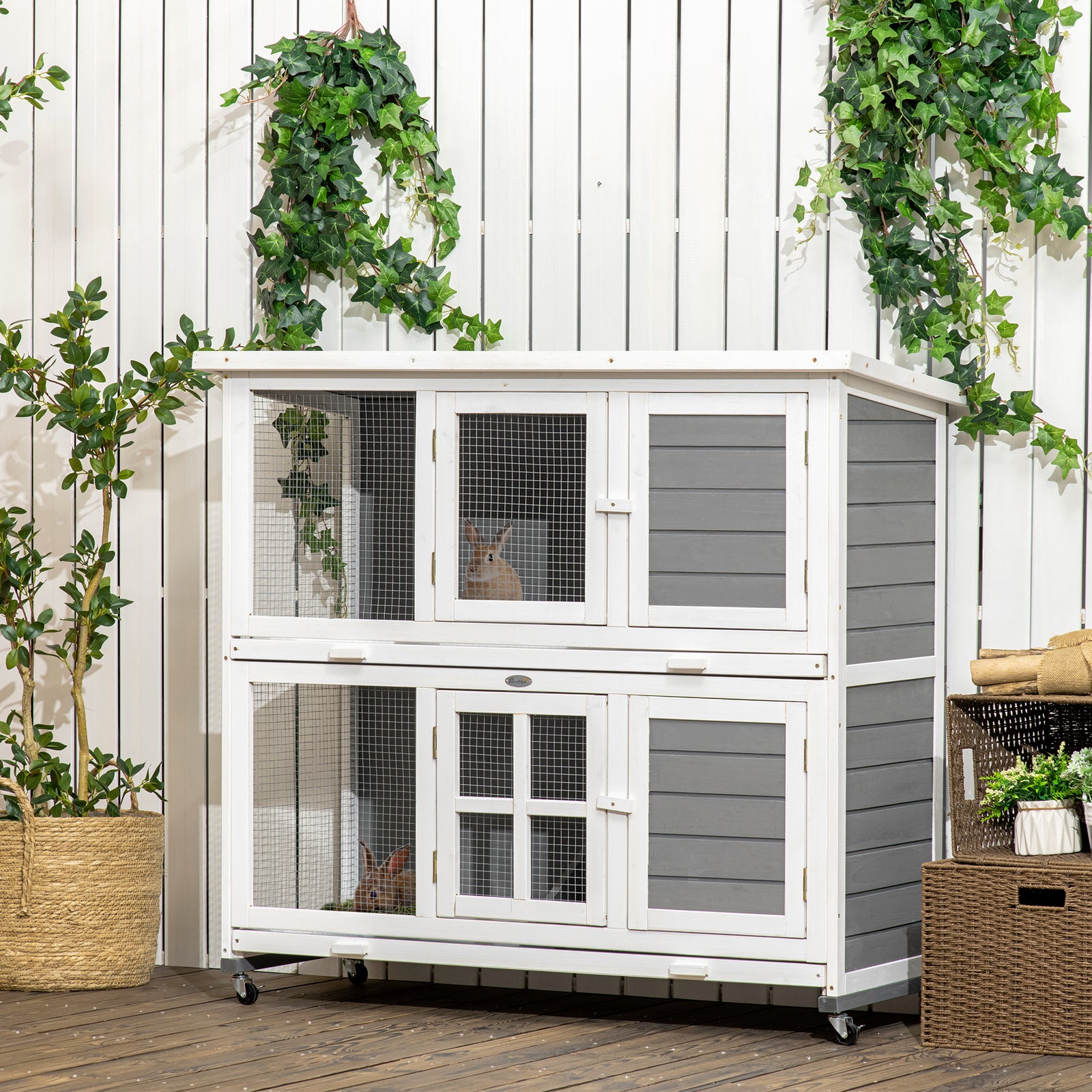 Wooden Rabbit Hutch, Small Animal House W/ Wheels, Removable Tray, Grey
