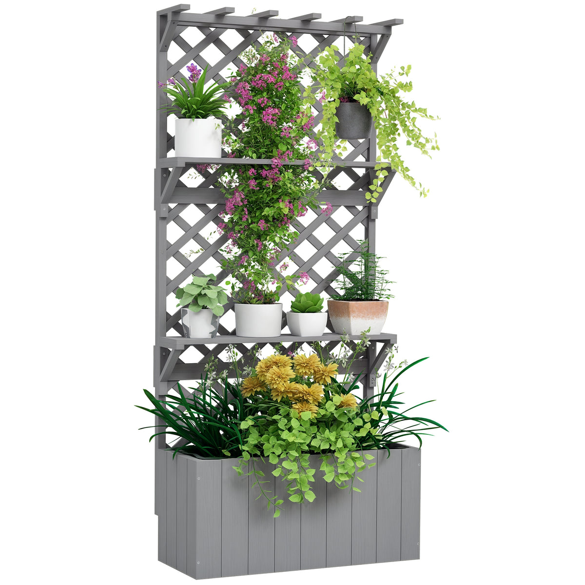 Outsunny Wooden Raised Planter With Trellis And 2 Shelves, Grey
