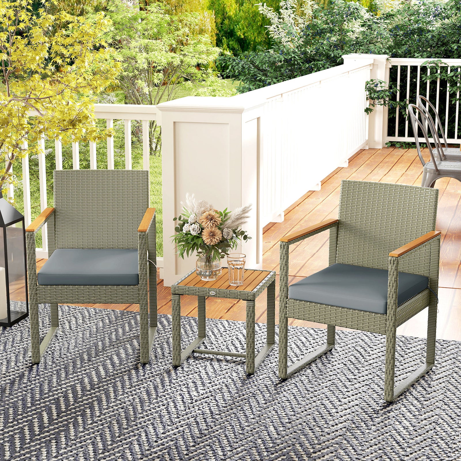 3-piece Rattan Bistro Set With Acacia Wood Table | Grey