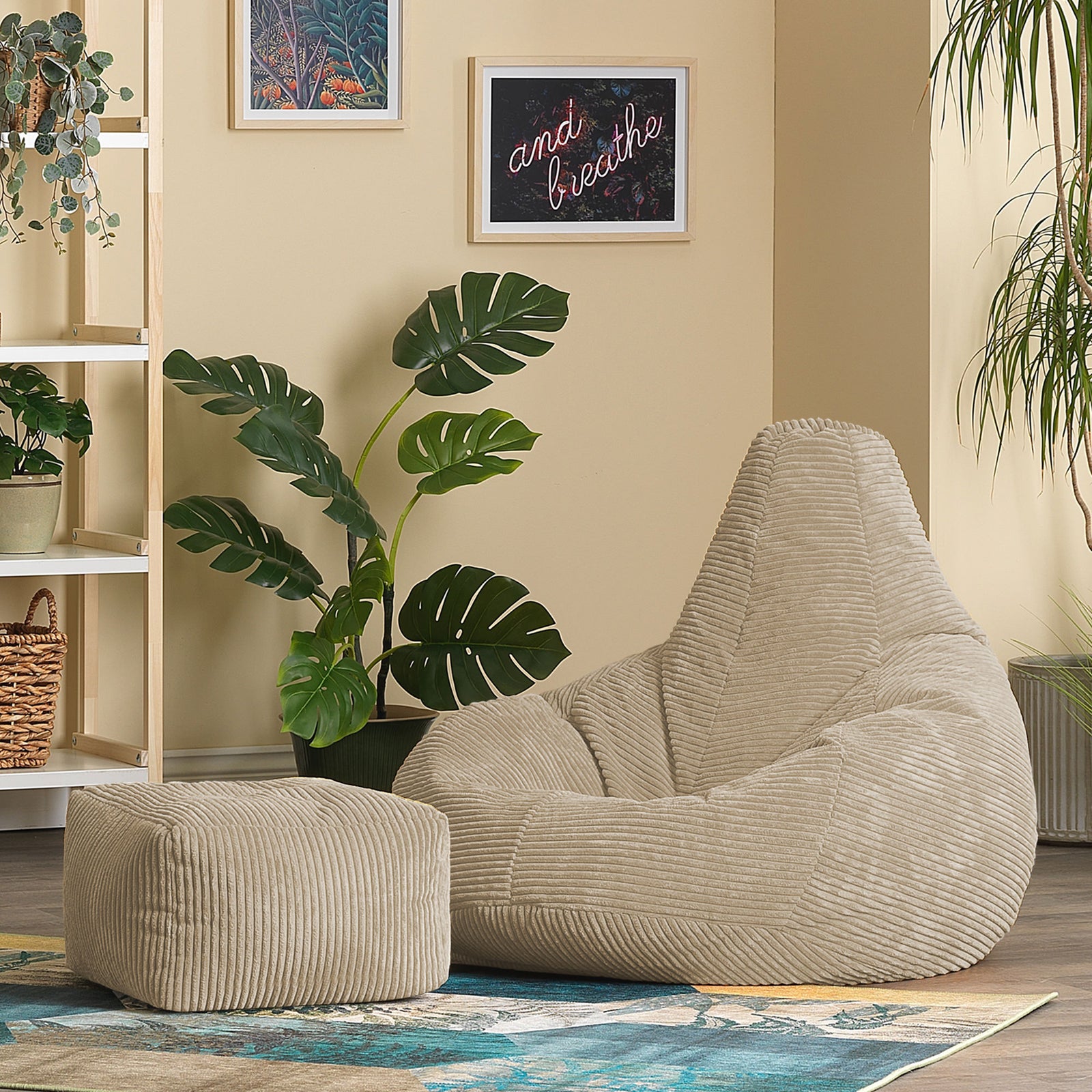 Dalton Cord Bean Bag Chair & Pouffe | Beige