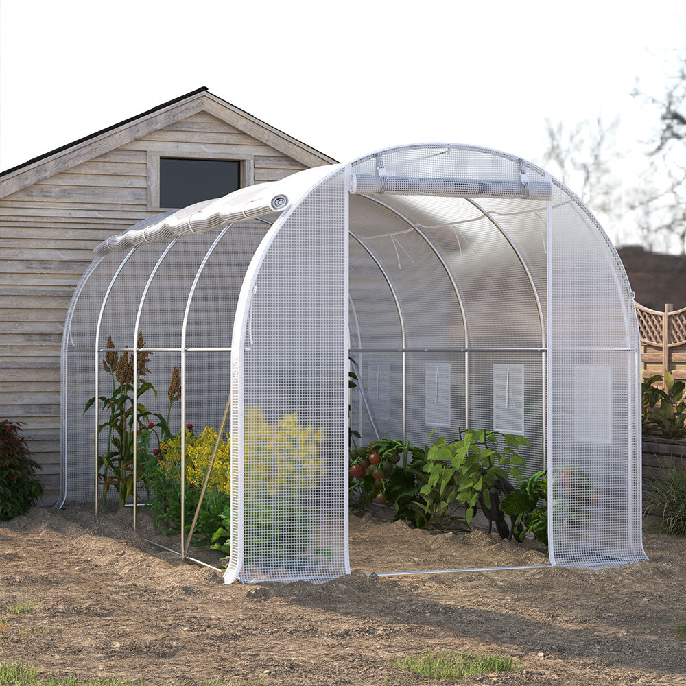 Outdoor Walk-in Tunnel Greenhouse With Heavy Duty Steel Frame & Roll-up Door | 4 x 3 x 2m | White