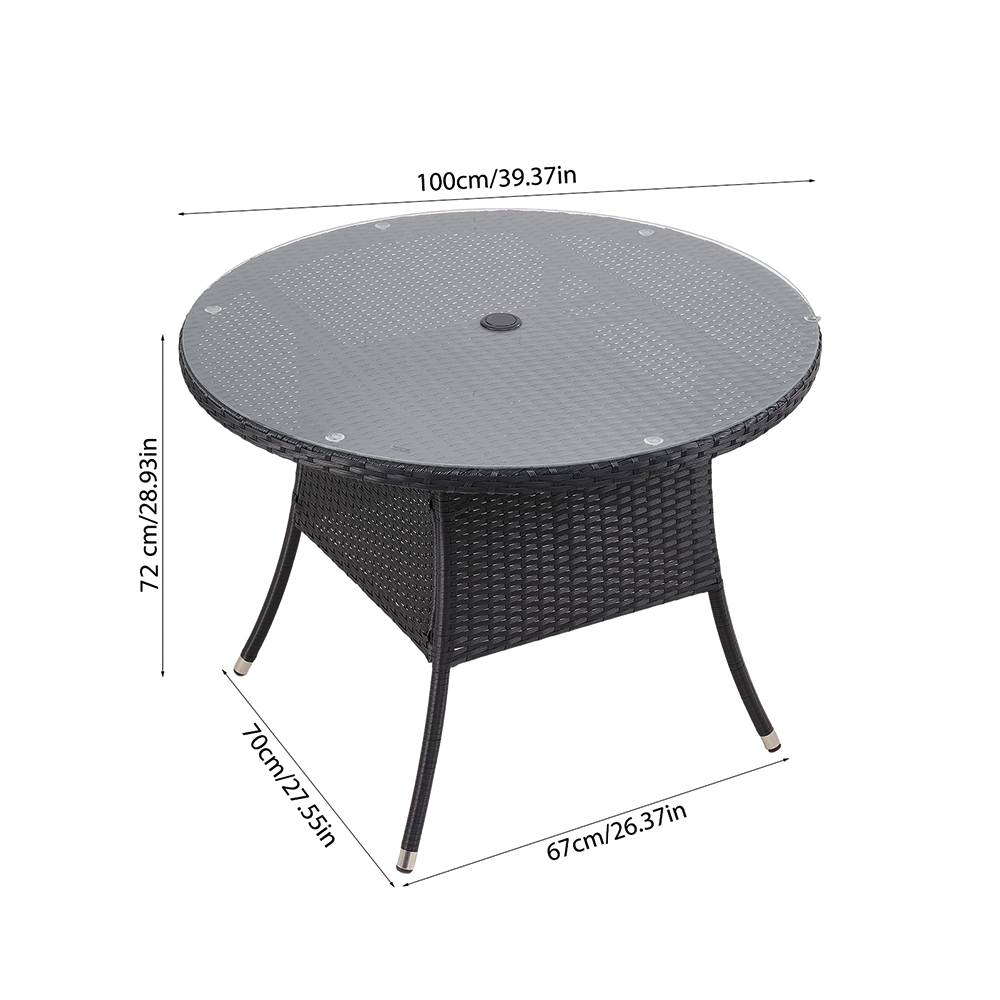 Garden Rattan Tempered Glass Top Round Table With Parasol Hole - 100cm Dia X 72cm
