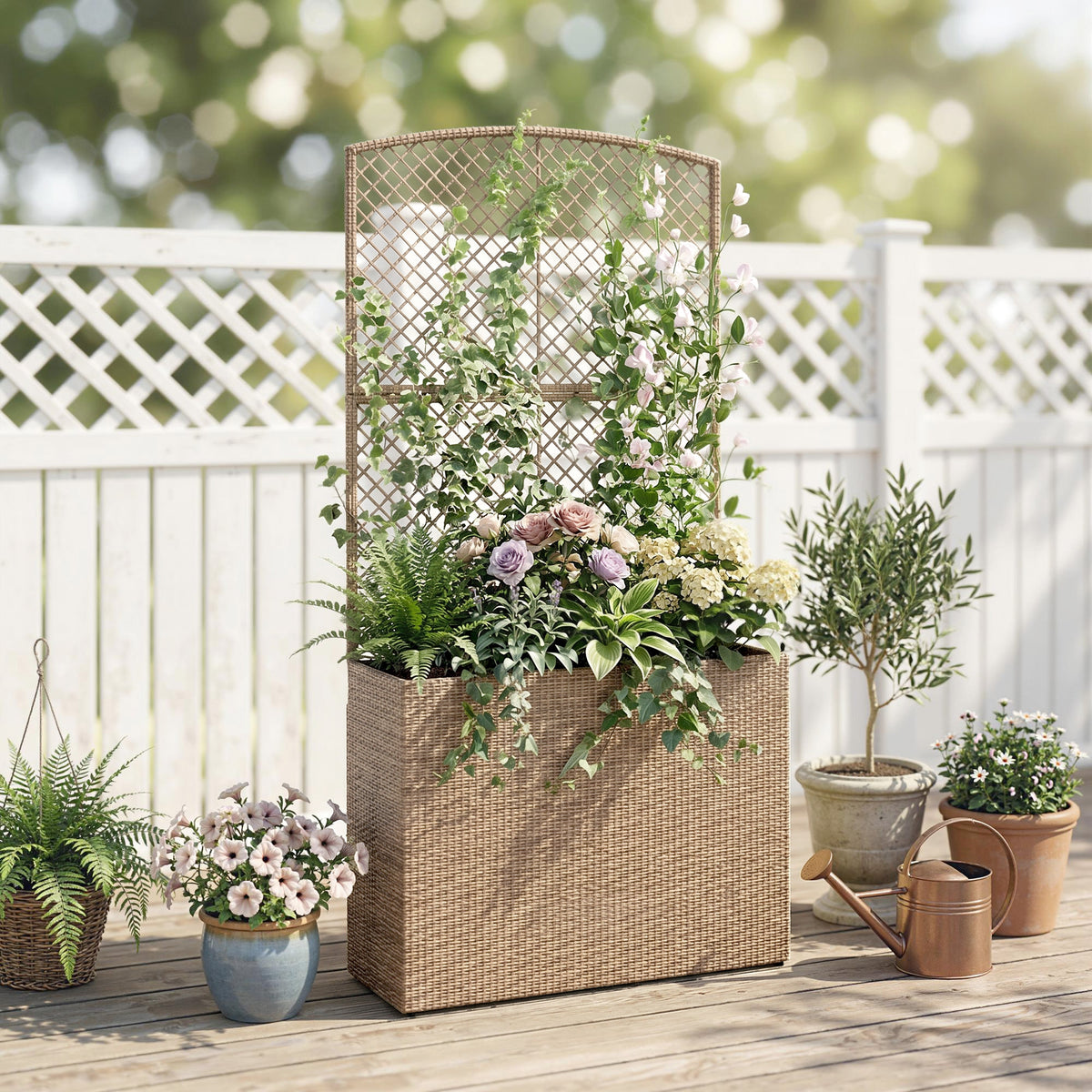 Outsunny Rattan Garden Planter With Trellis And Liner, Light Grey