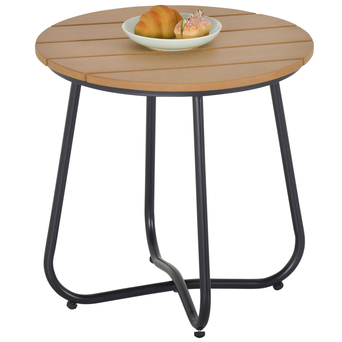 Outsunny Round Outdoor Side Table Adjustable Leg Pads Natural Wood & Black
