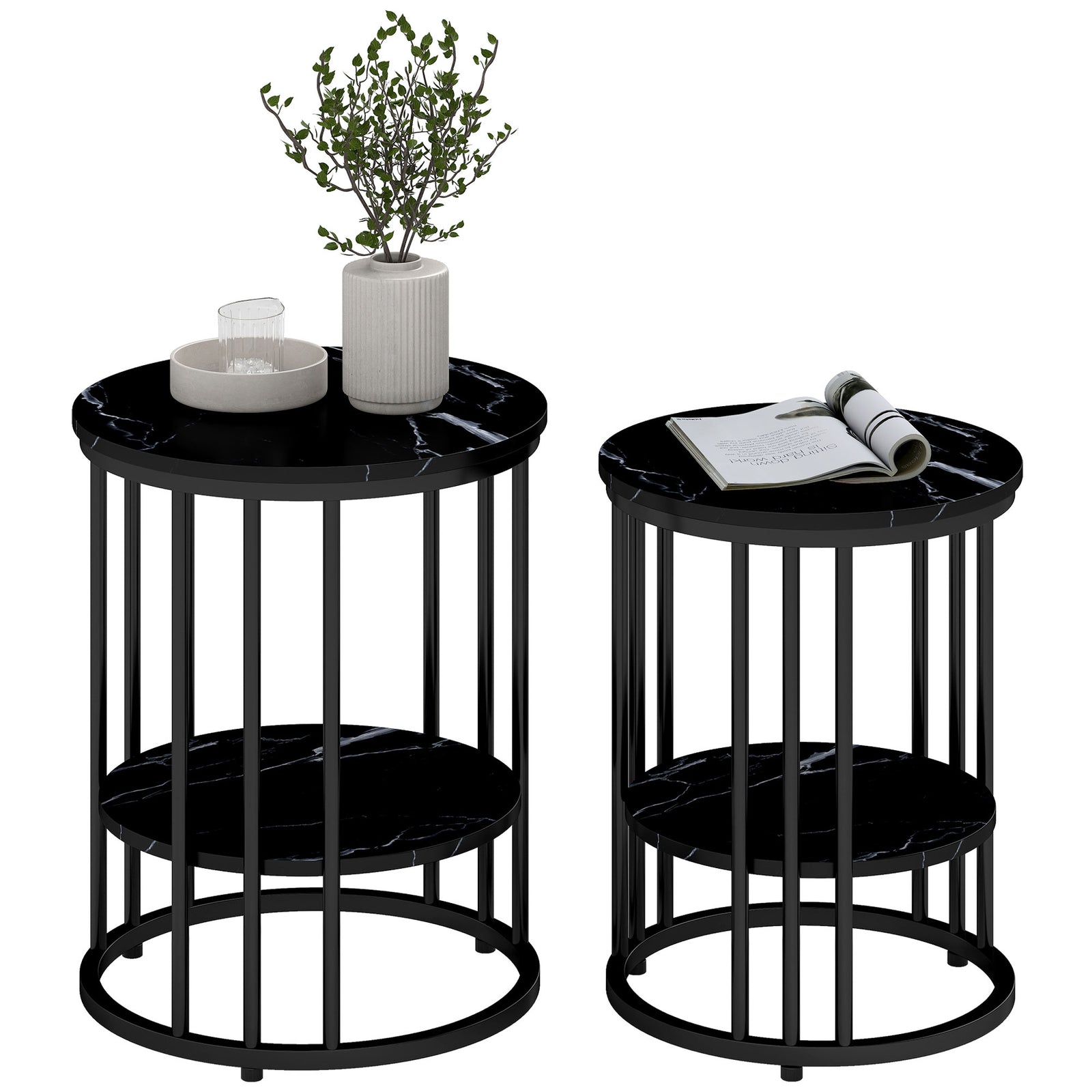 Marble-effect Round Coffee Table Set Of 2 For Living Room | Black