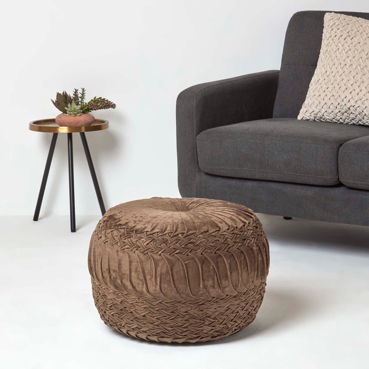 HOMESCAPES Sofia Pleated Velvet Pouffe