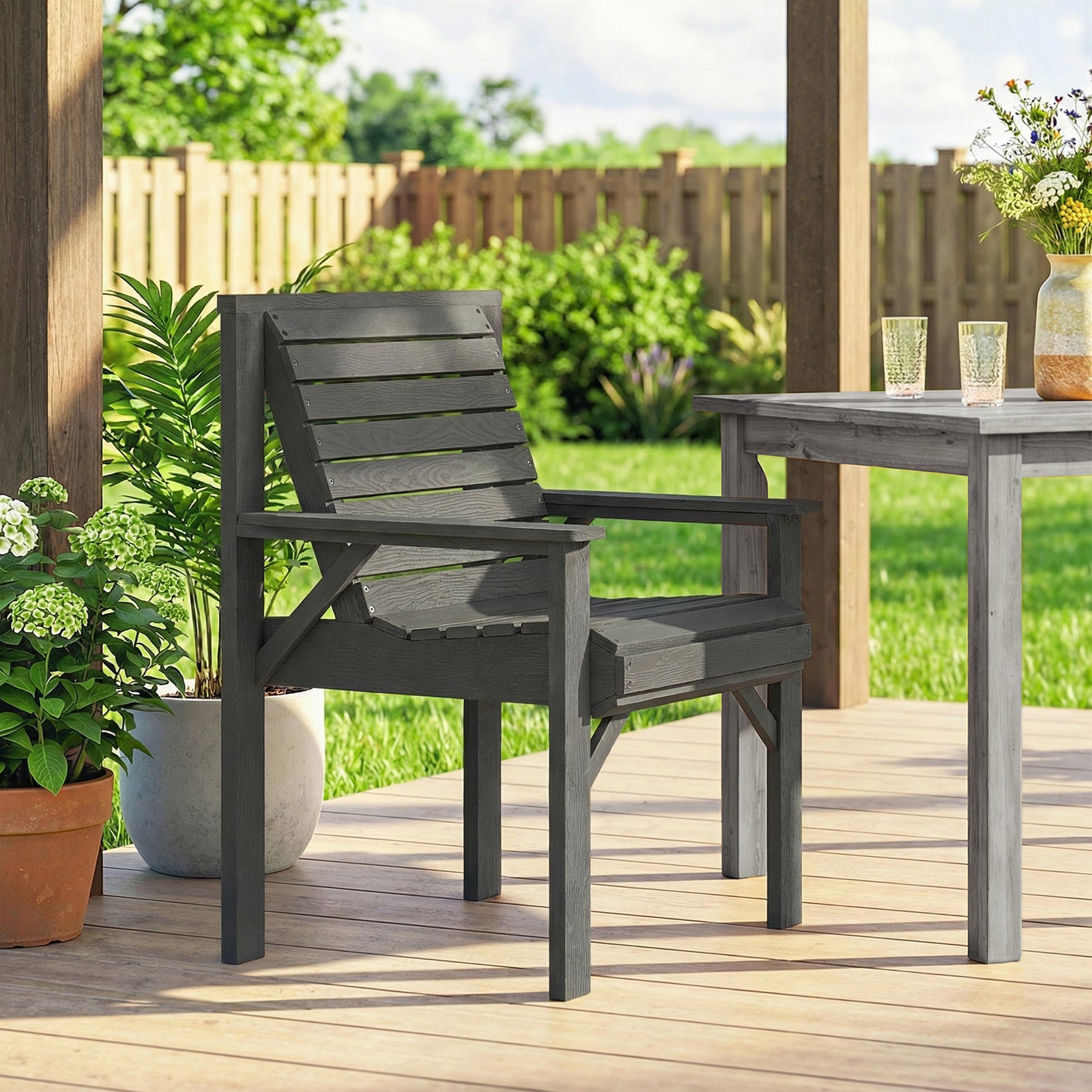 Wood Garden Chair Outdoor Dining Chair With Curved Seat | Grey