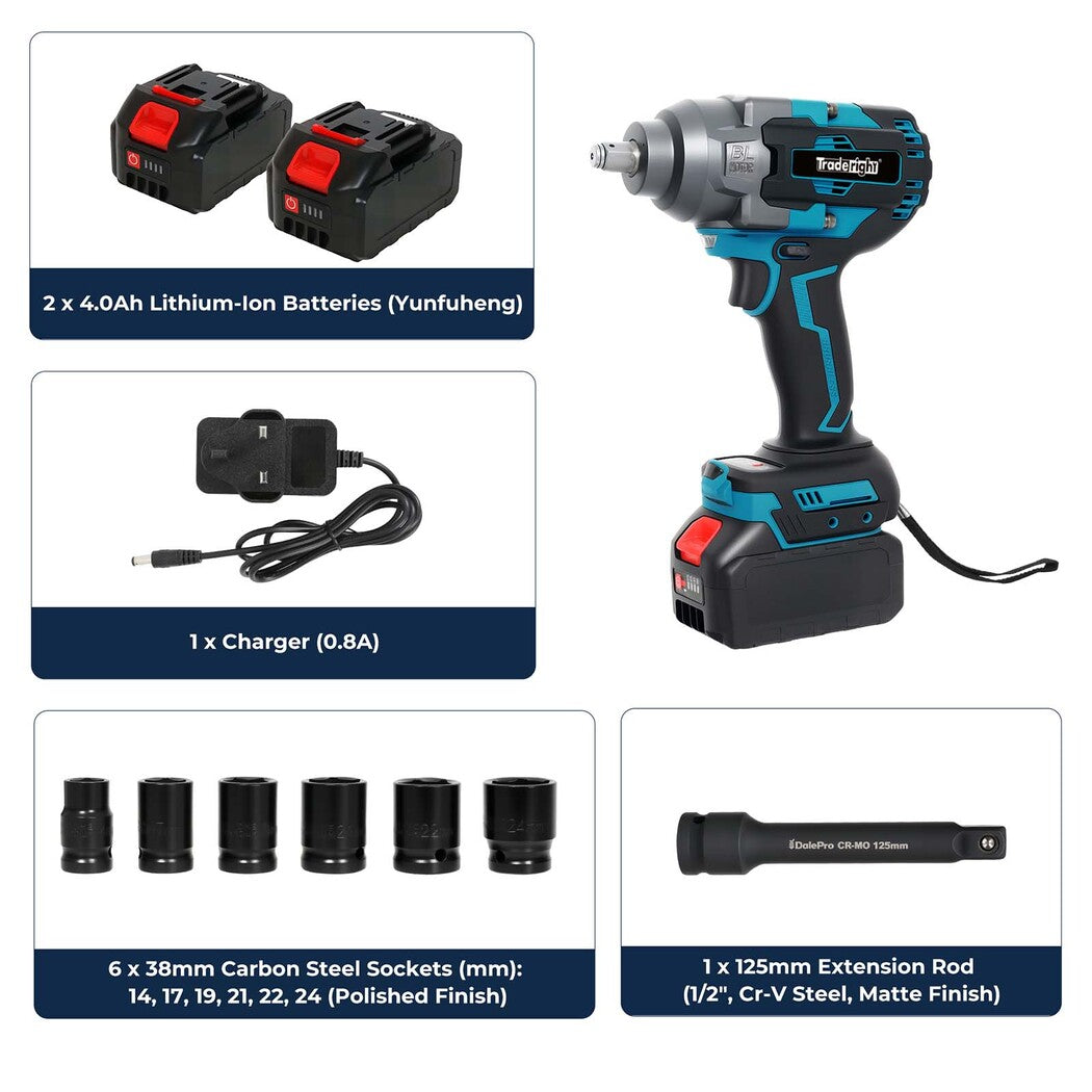 21v Brushless Impact Wrench 1/2" Rattle Gun 2×4.0ah 1200nm Kit Set | Blue