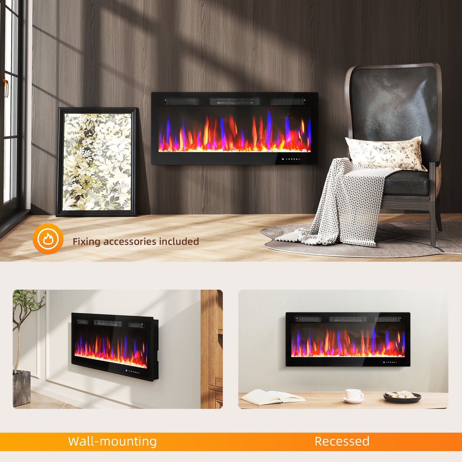 42" Wall Electric Fireplace, Slim Electric Fire, 1800w, Black