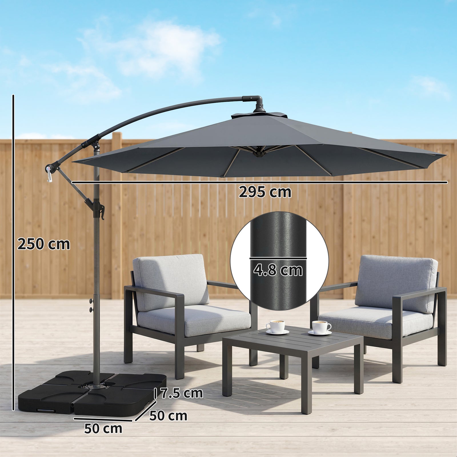 3(m) Banana Parasol Cantilever Umbrella Garden W/ Base Weights | Dark Grey