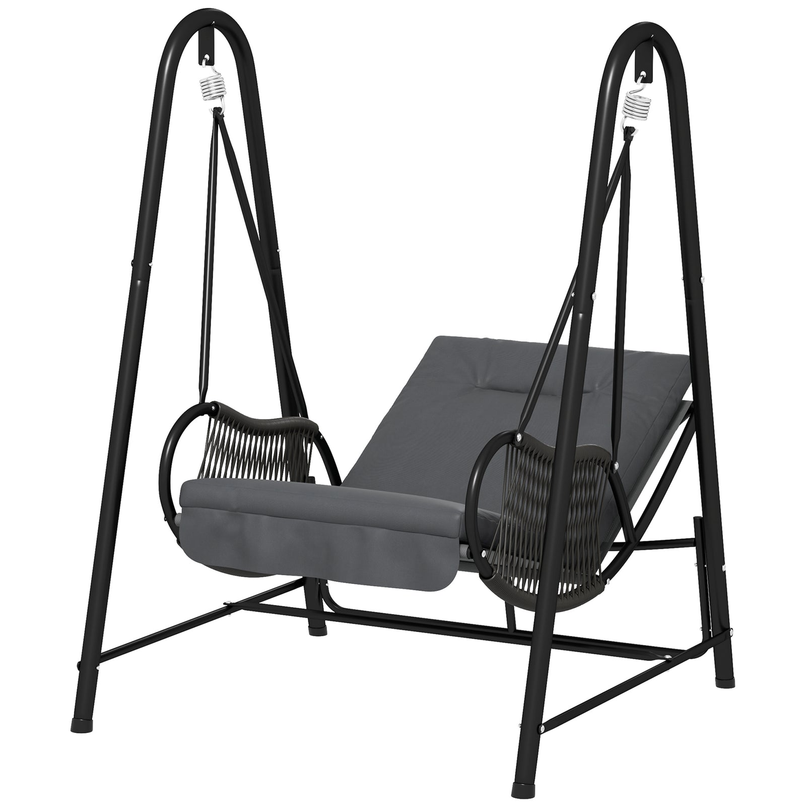 Rattan Swing Chair With Stand And Seat Cushion | Dark Gray