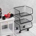 3/4/5 Tier Stackable Rolling Metal Wire Basket Trolley Rack Fruit Vegetable Storage Holder For Kitchen | Small | Black